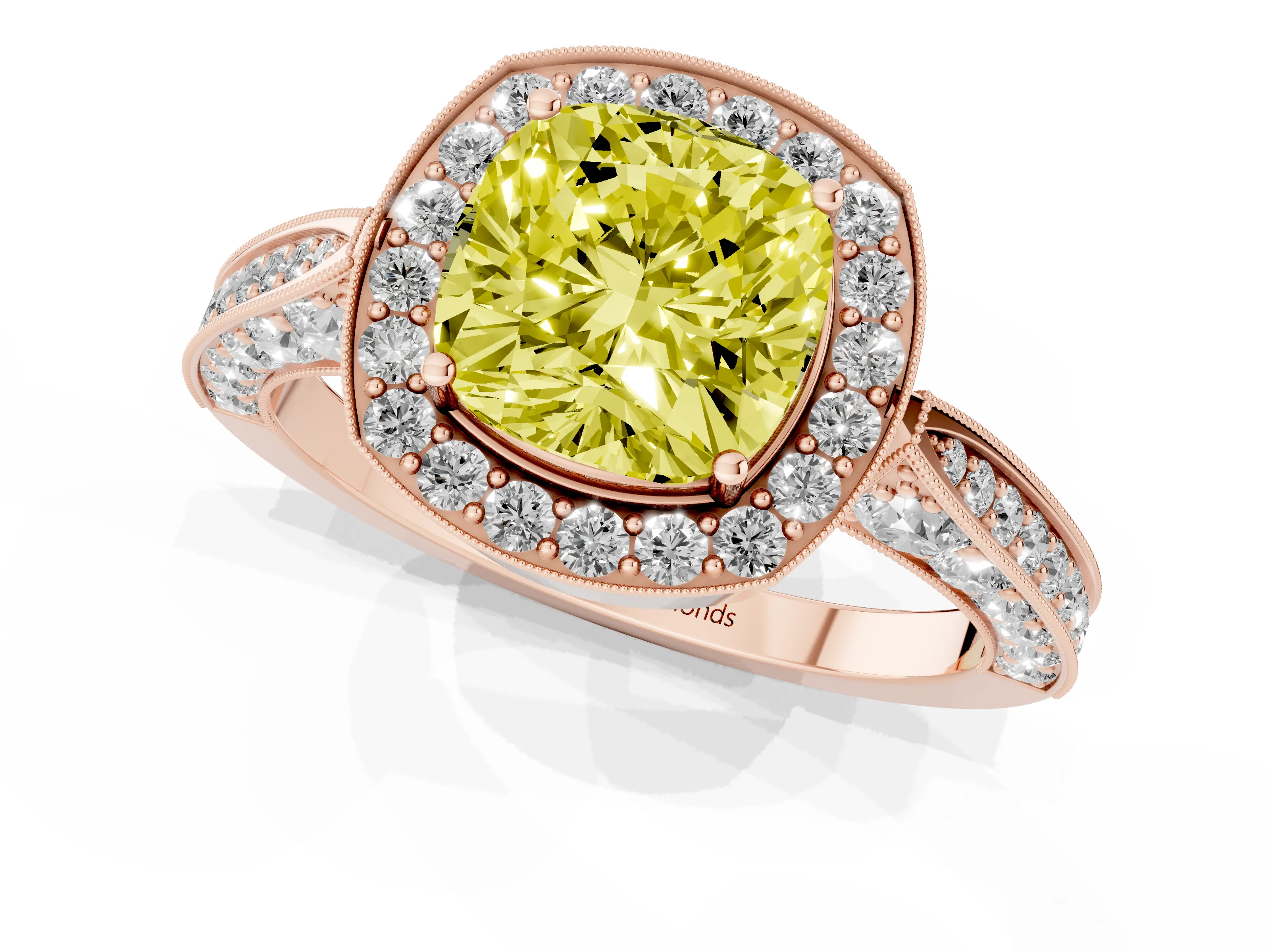 Fancy Yellow Cushion Cut Diamond Halo Engagement Ring Set in Rose gold with Accent Split Shank Band