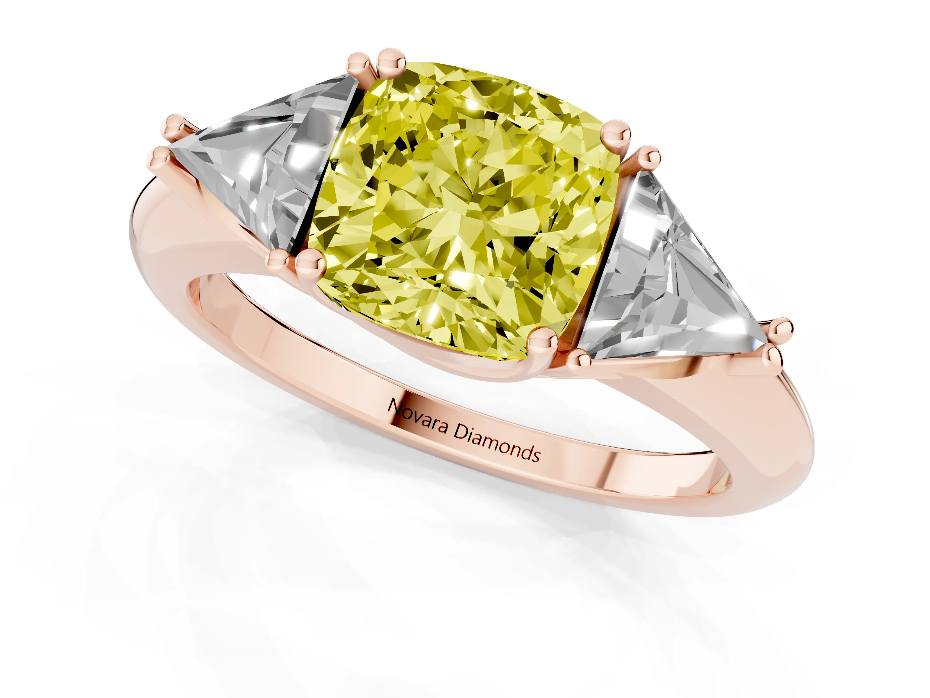 Fancy Yellow Cushion Cut Diamond Three-Stone Engagement Ring Set in Rose gold with Trillion Side Stones