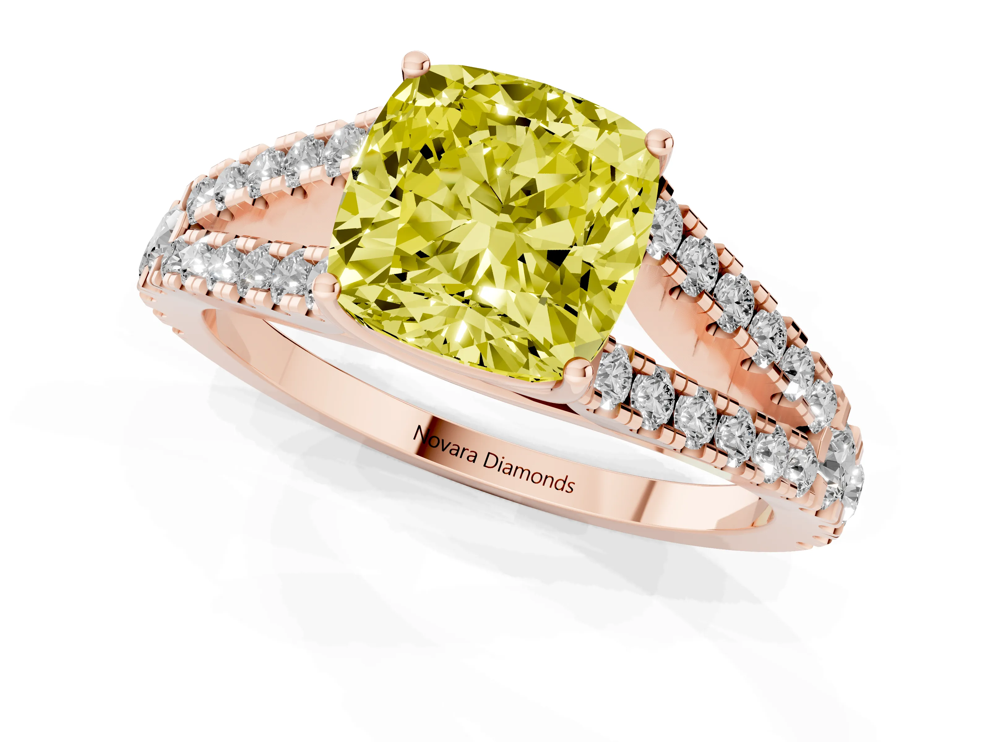 Fancy Yellow Cushion Cut Diamond Split Shank Pavé Engagement Ring Set in Rose gold with Prong-Held Center Stone