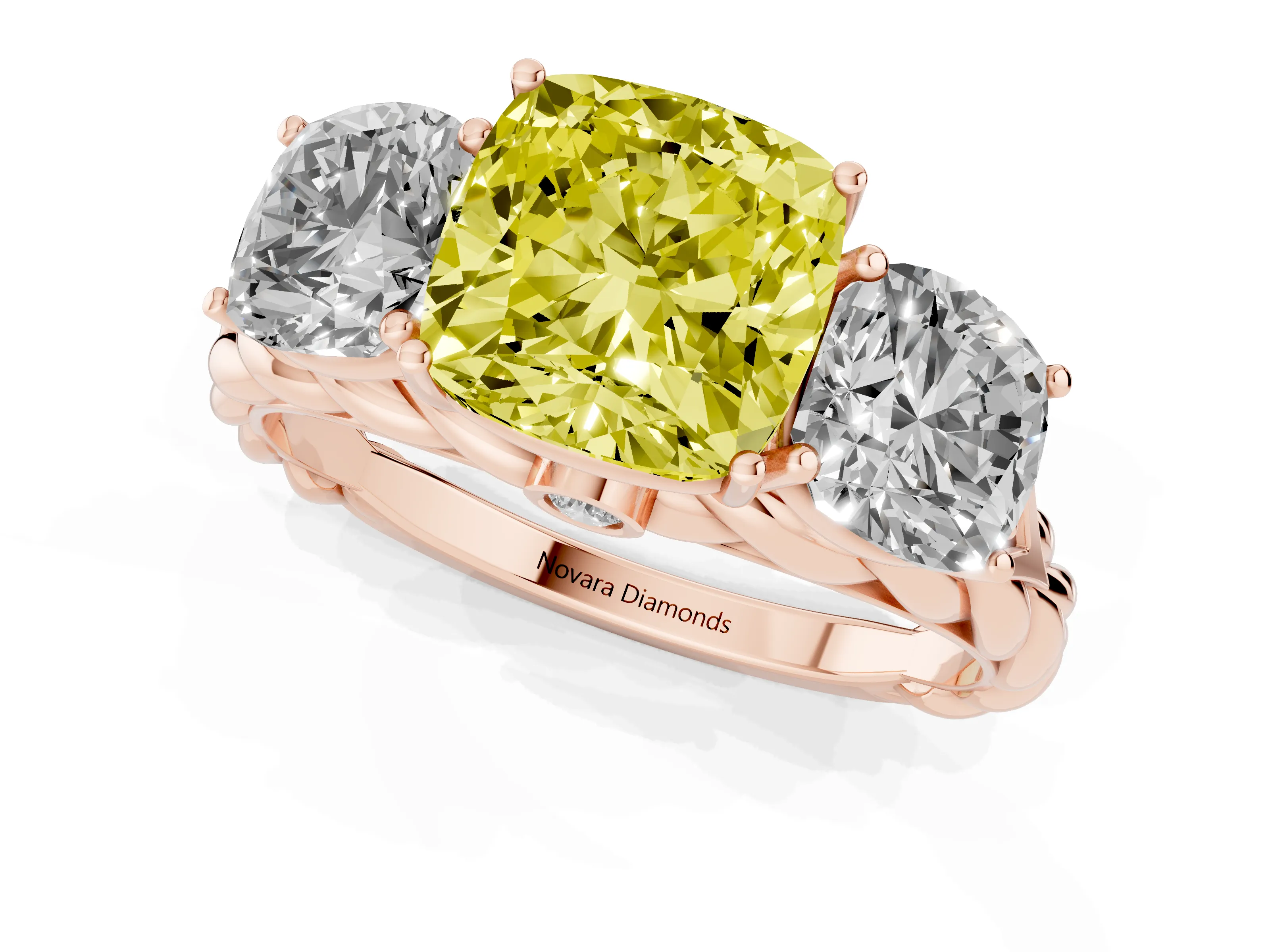 Fancy Yellow Cushion Cut Diamond Three-Stone Ring Set in Rose gold with Braided Band