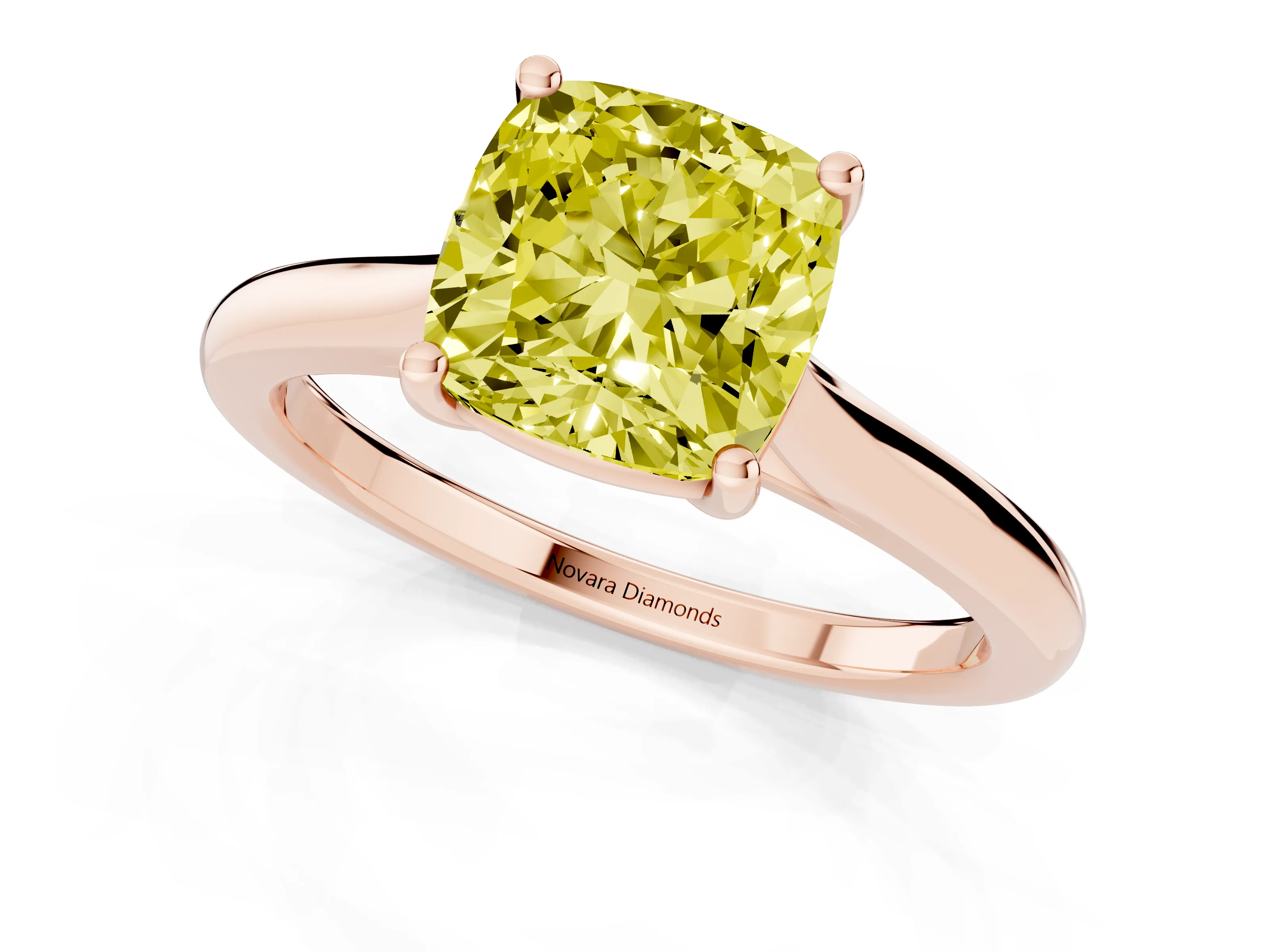 Fancy Yellow Cushion Cut Diamond Solitaire Ring Set in Rose gold with Cathedral Band and Prong Setting