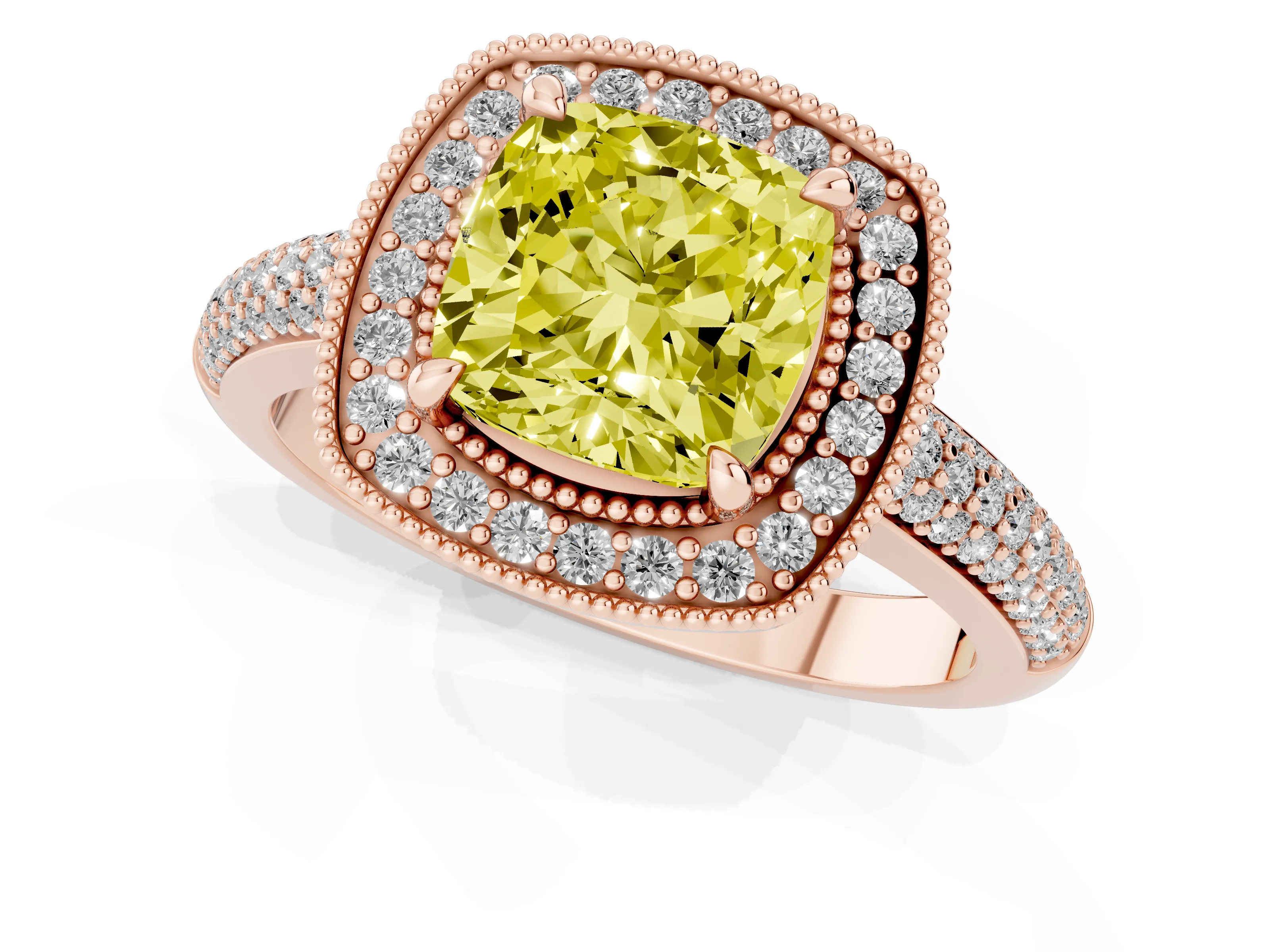 Fancy Yellow Cushion Cut Diamond Halo Pavé Band Set in Rose gold with Prong Setting