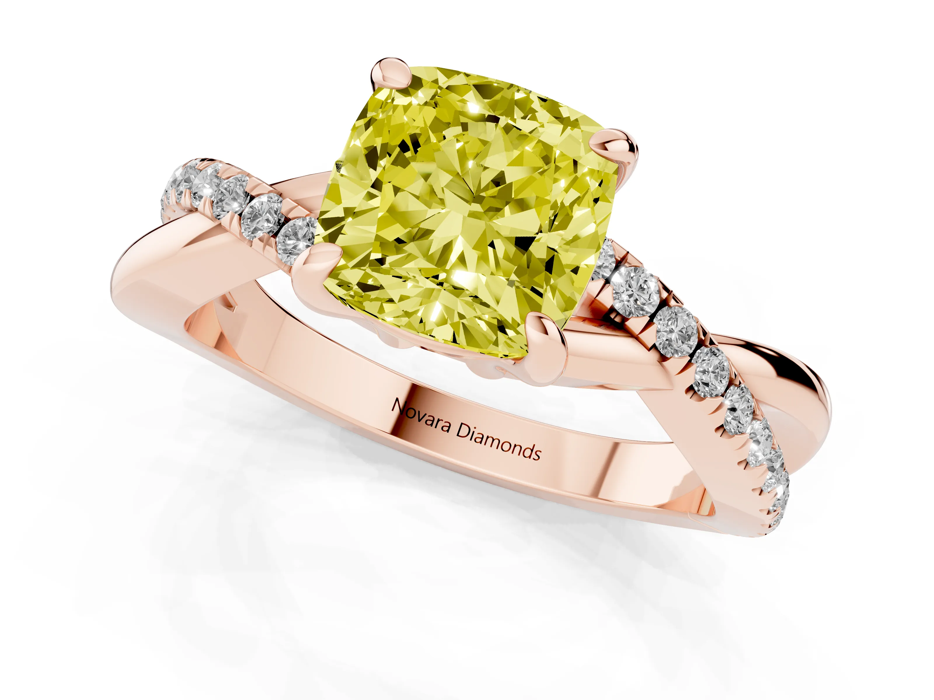 Fancy Yellow Cushion Cut Diamond Twist Band Pavé Solitaire Ring Set in Rose gold with Prong Setting