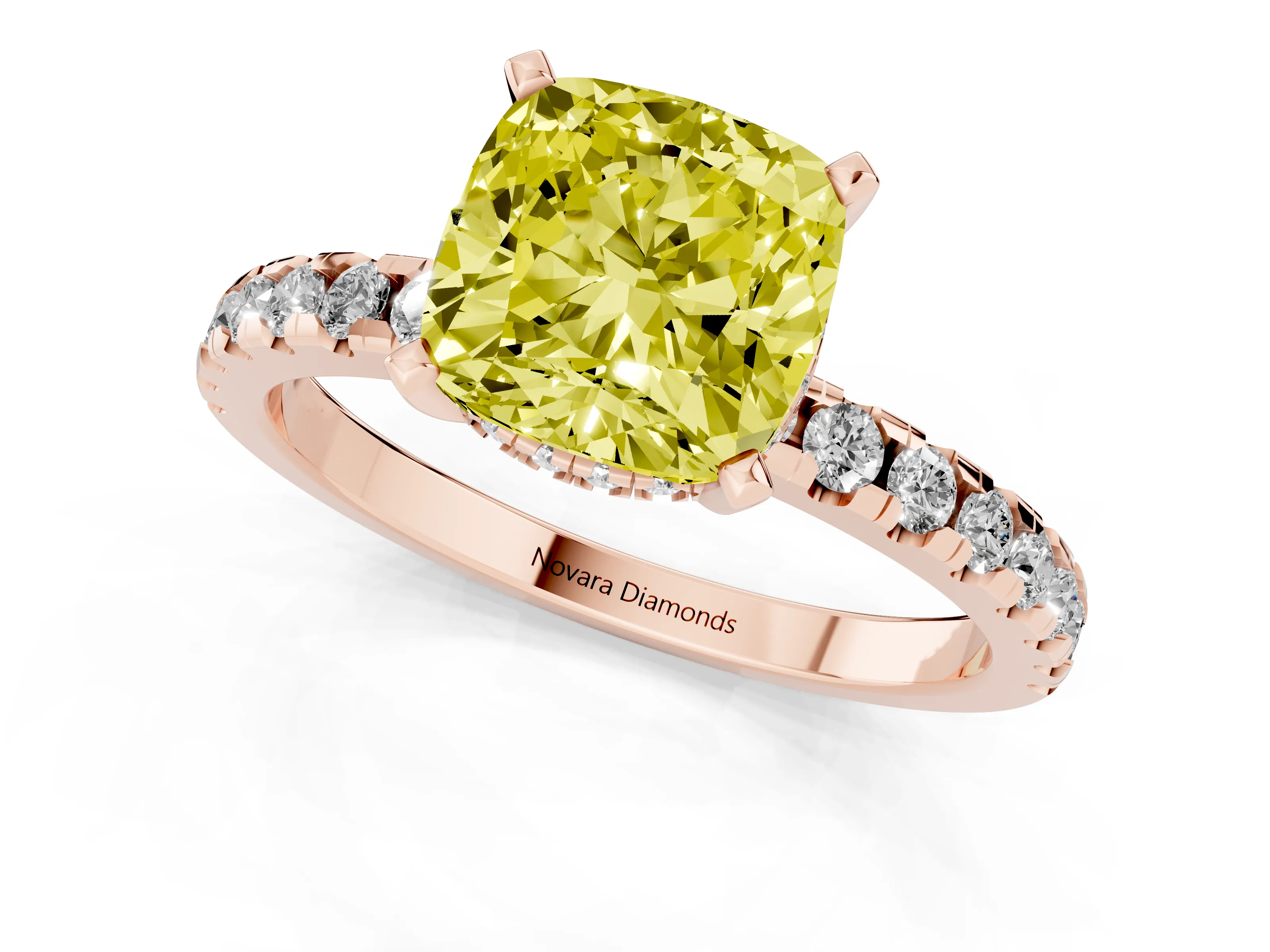 Fancy Yellow Cushion Cut Diamond Pavé Solitaire Ring Set in Rose gold with Round Band Accents and Prong Setting