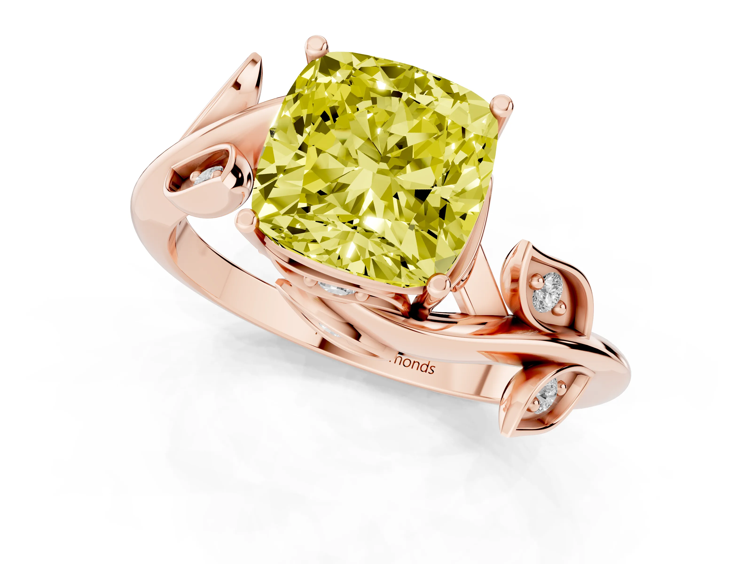 Fancy Yellow Cushion Cut Diamond Solitaire Twist Engagement Ring Set in Rose gold with Pavé Leaf Accents