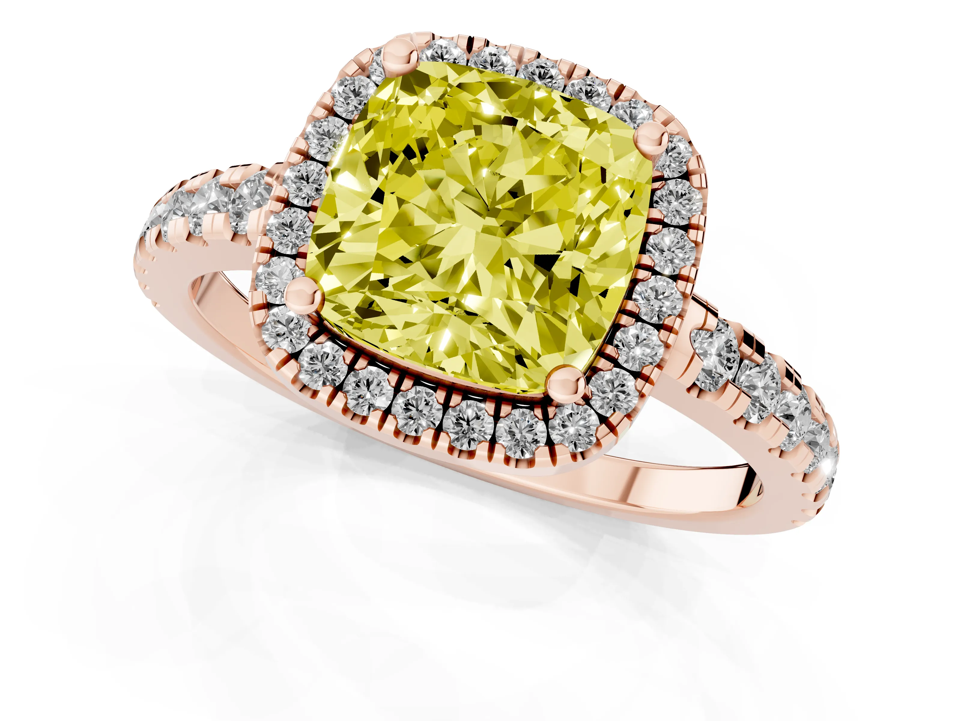 Fancy Yellow Cushion Cut Diamond Halo Ring Set in Rose gold with Delicate Pavé Band and Prong Setting