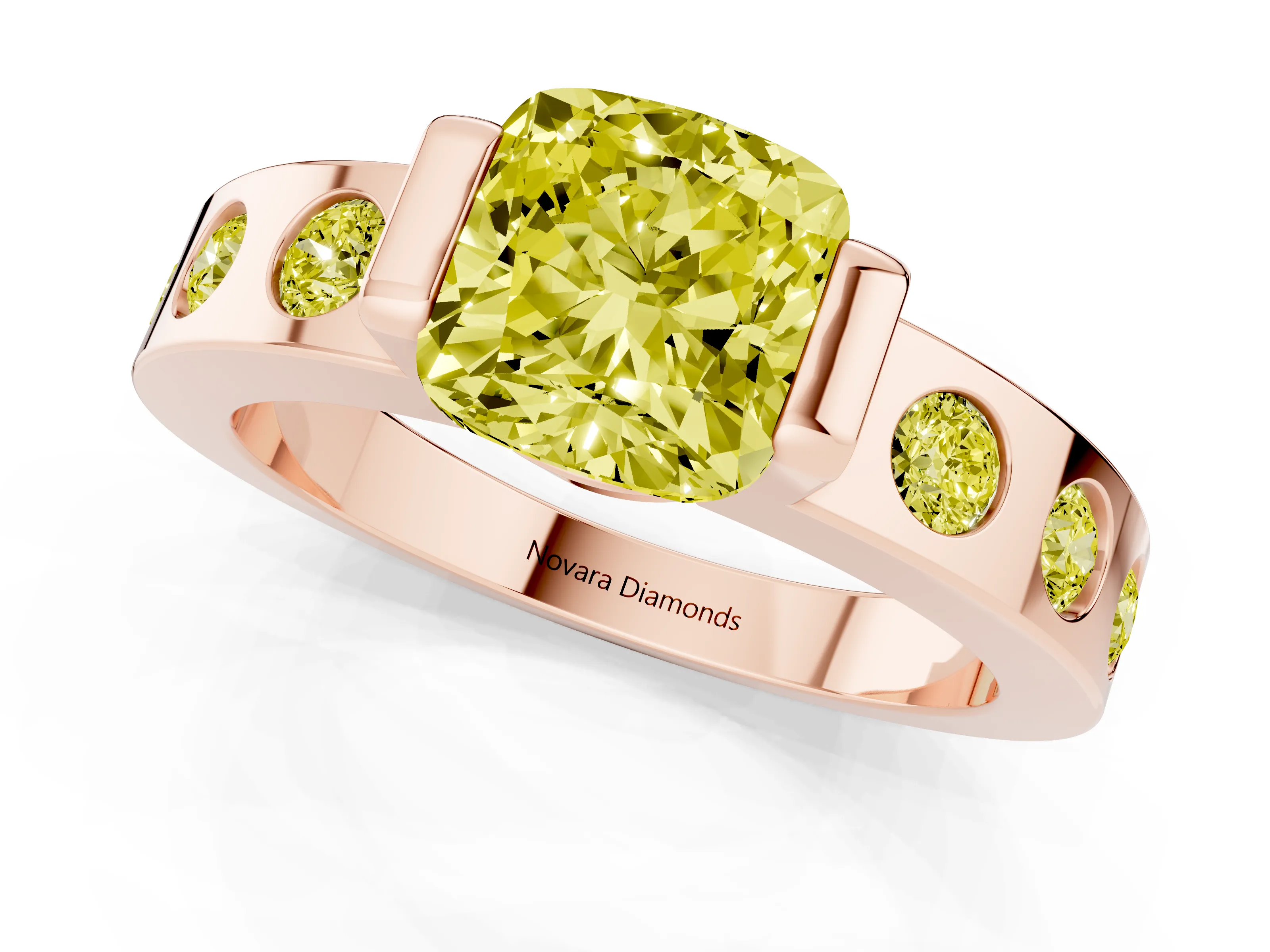 Fancy Yellow Cushion Cut Diamond Channel-Set Band Ring Set in Rose gold with Bezel Prong Setting