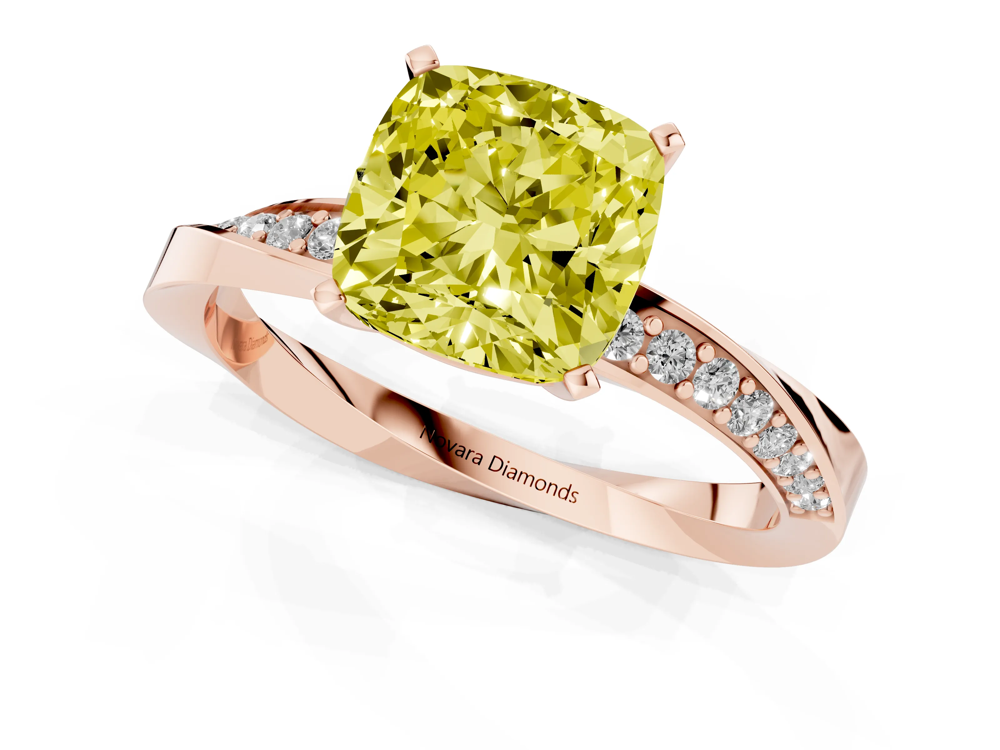 Fancy Yellow Cushion Cut Diamond Engagement Ring Set in Rose gold with Side Stone Accents and Prong Setting
