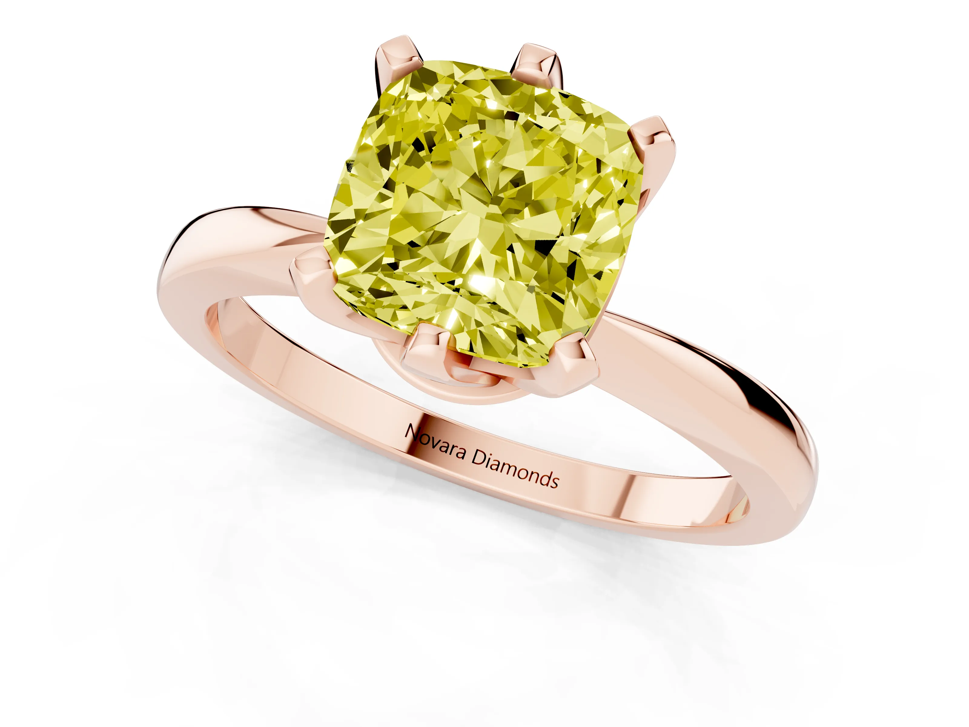 Fancy Yellow Cushion Cut Diamond Solitaire Engagement Ring Set in Rose gold with Slim Tapered Solitaire Band
