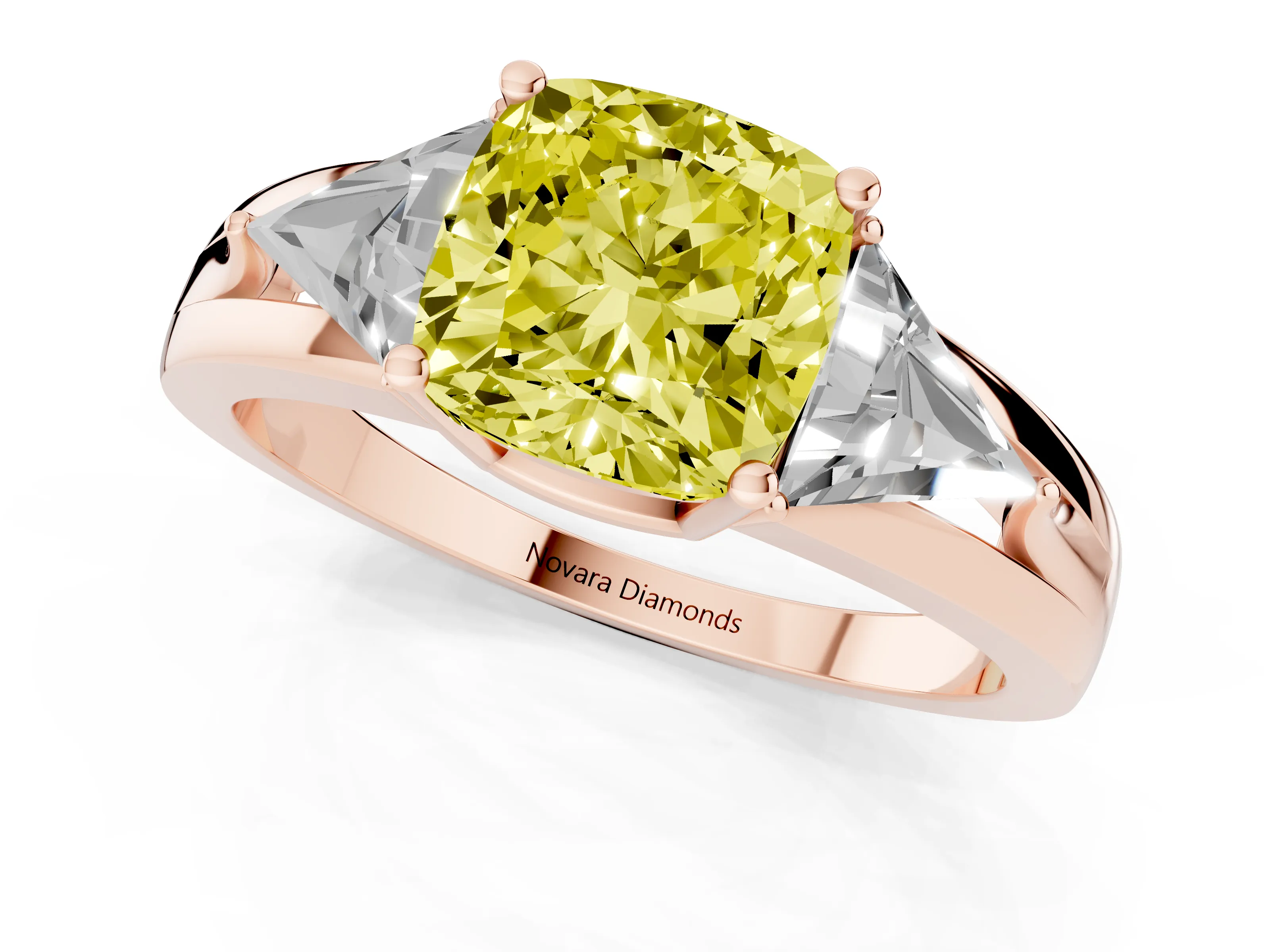 Fancy Yellow Cushion Cut Diamond Three-Stone Ring Set in Rose gold with Trillion Side Stones and Split Shank