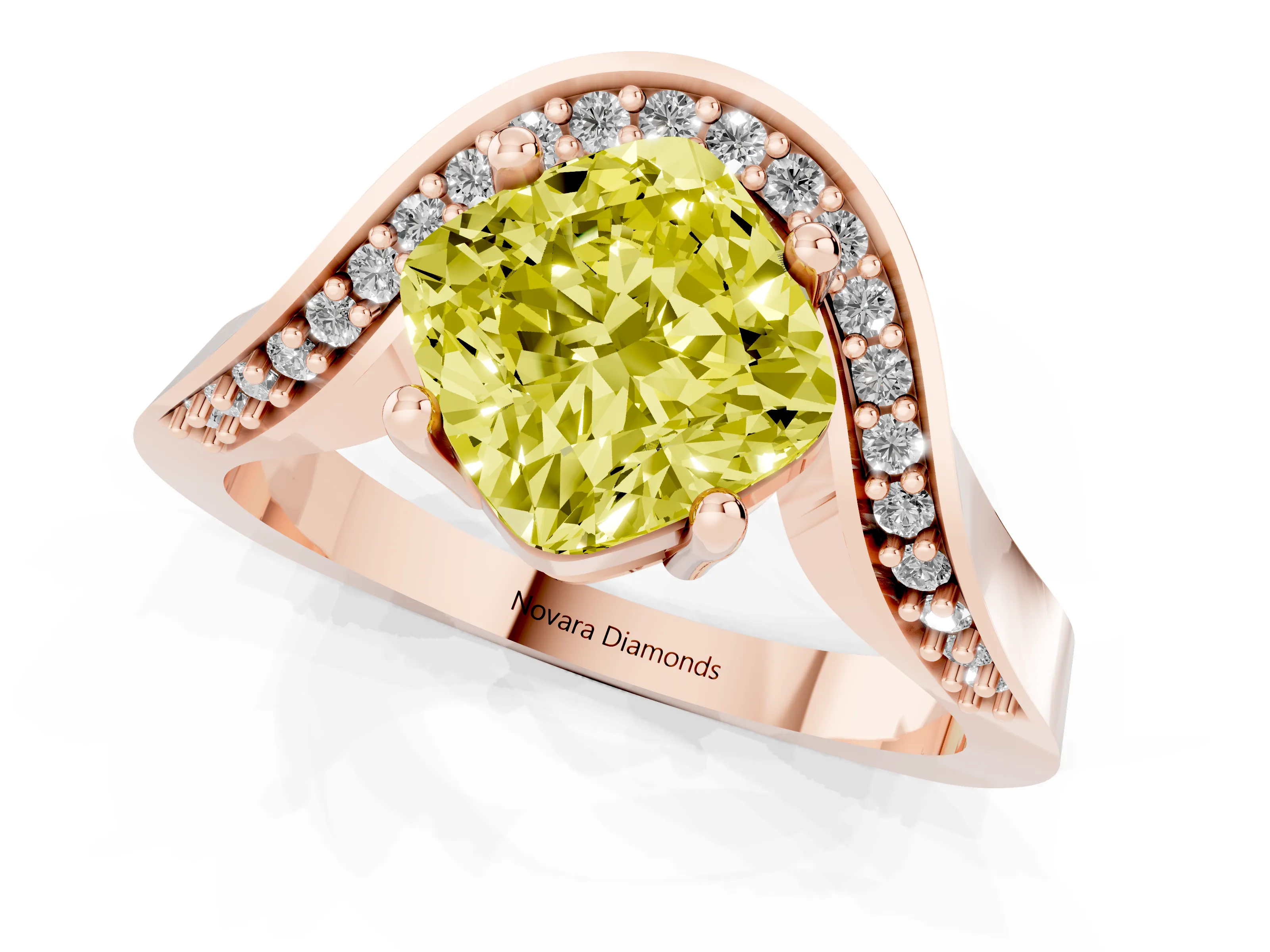 Fancy Yellow Cushion Cut Diamond Solitaire Engagement Ring Set in Rose gold with Pavé Shoulders