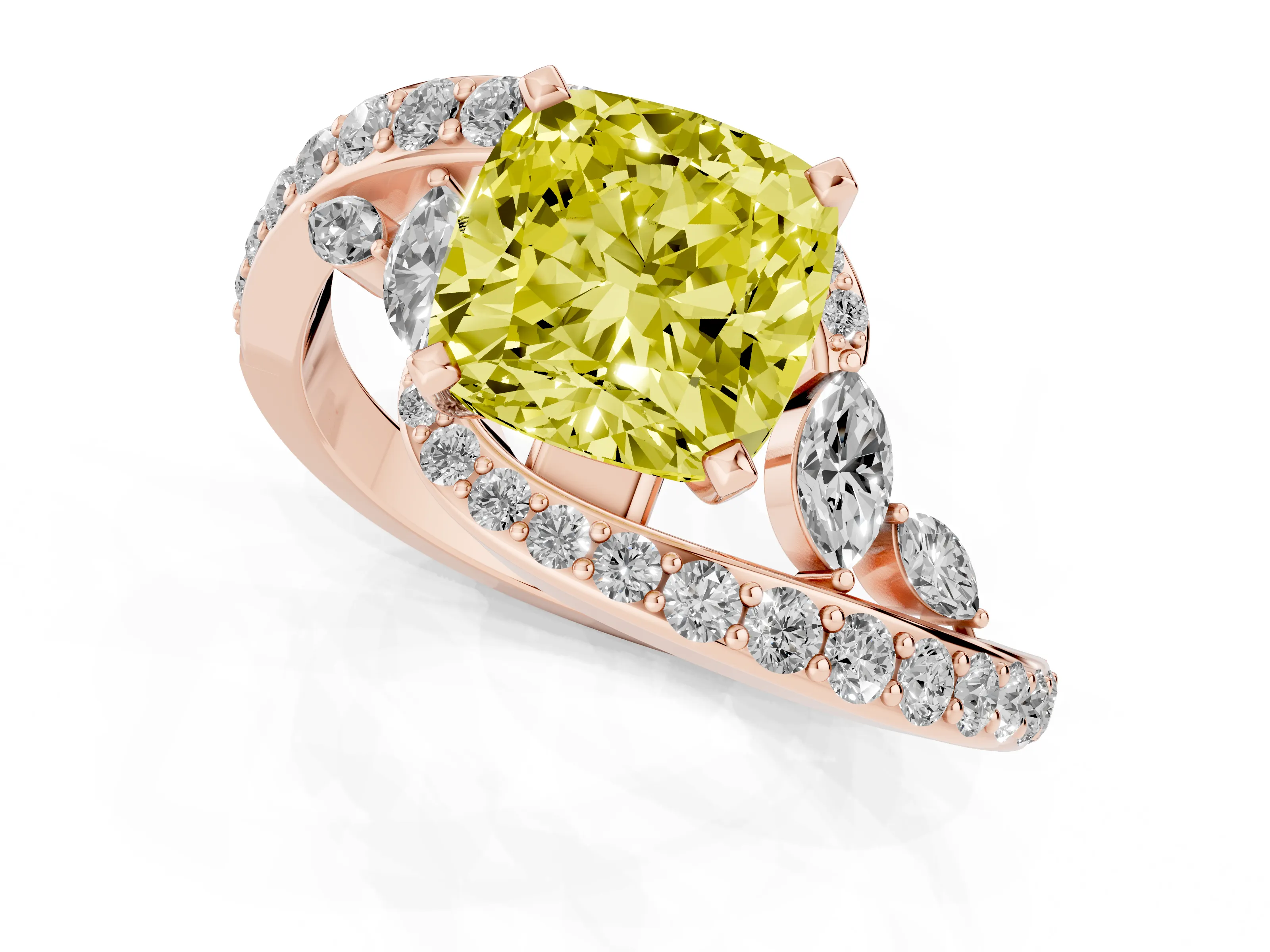 Fancy Yellow Cushion Cut Diamond Solitaire Ring Set in Rose gold with Pavé Twist Band and Secure Prong Setting