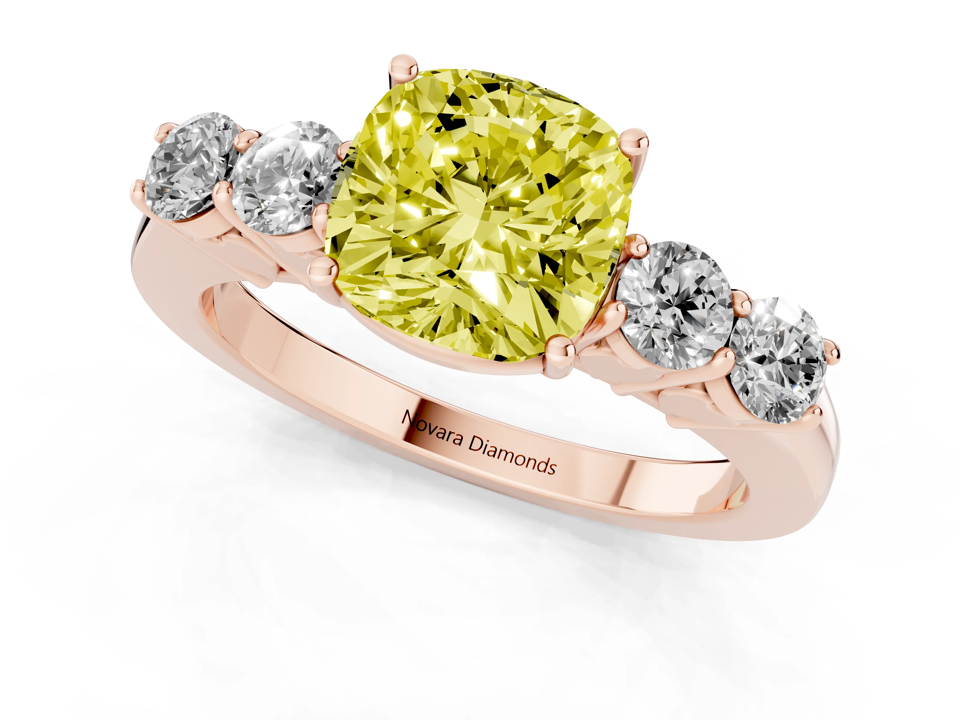 Fancy Yellow Cushion Cut Diamond Five-Stone Prong Set Band Ring Set in Rose gold with Polished Band