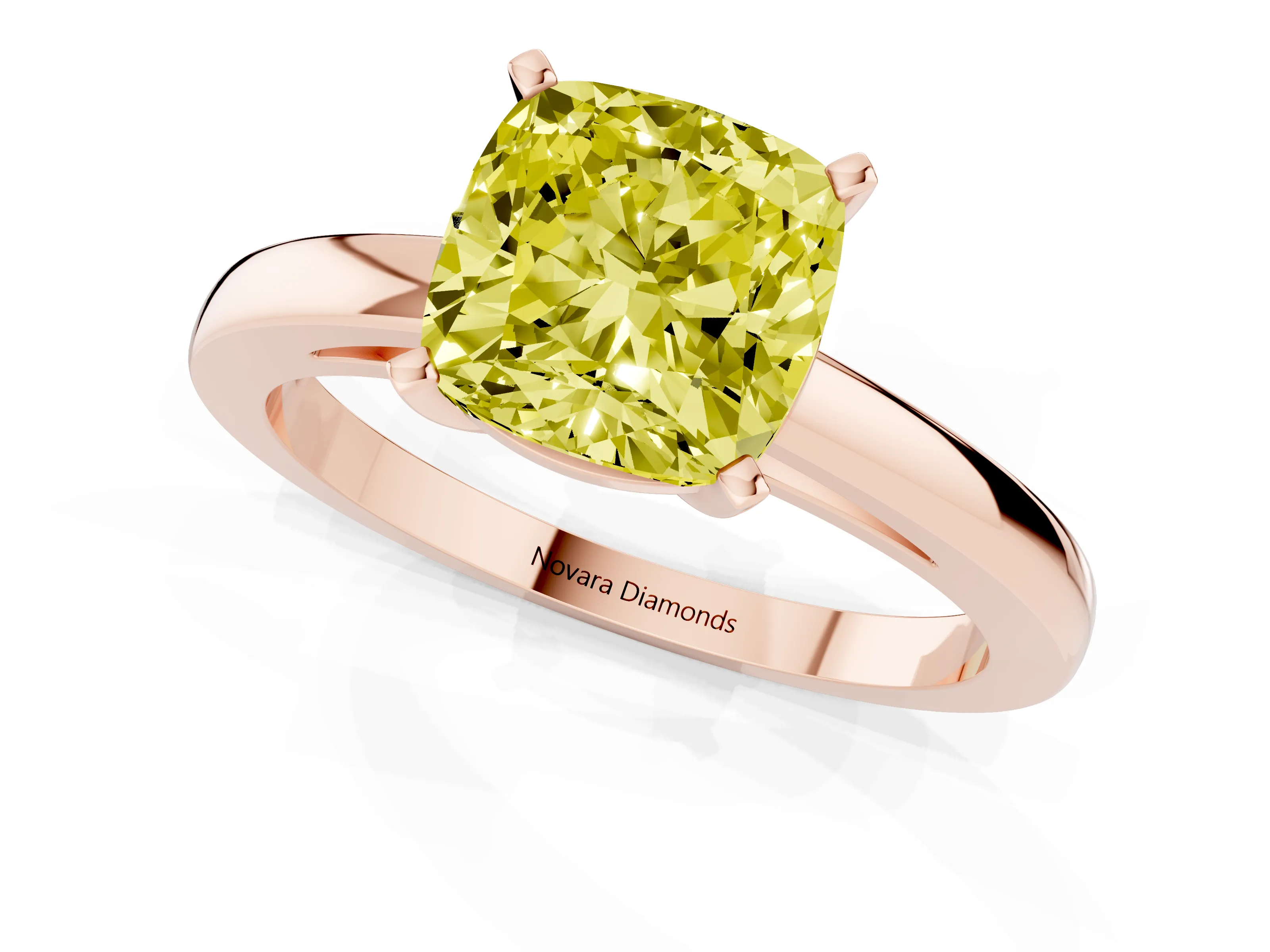 Fancy Yellow Cushion Cut Diamond Solitaire Engagement Ring Set in Rose gold with Prong Setting on a Classic Band