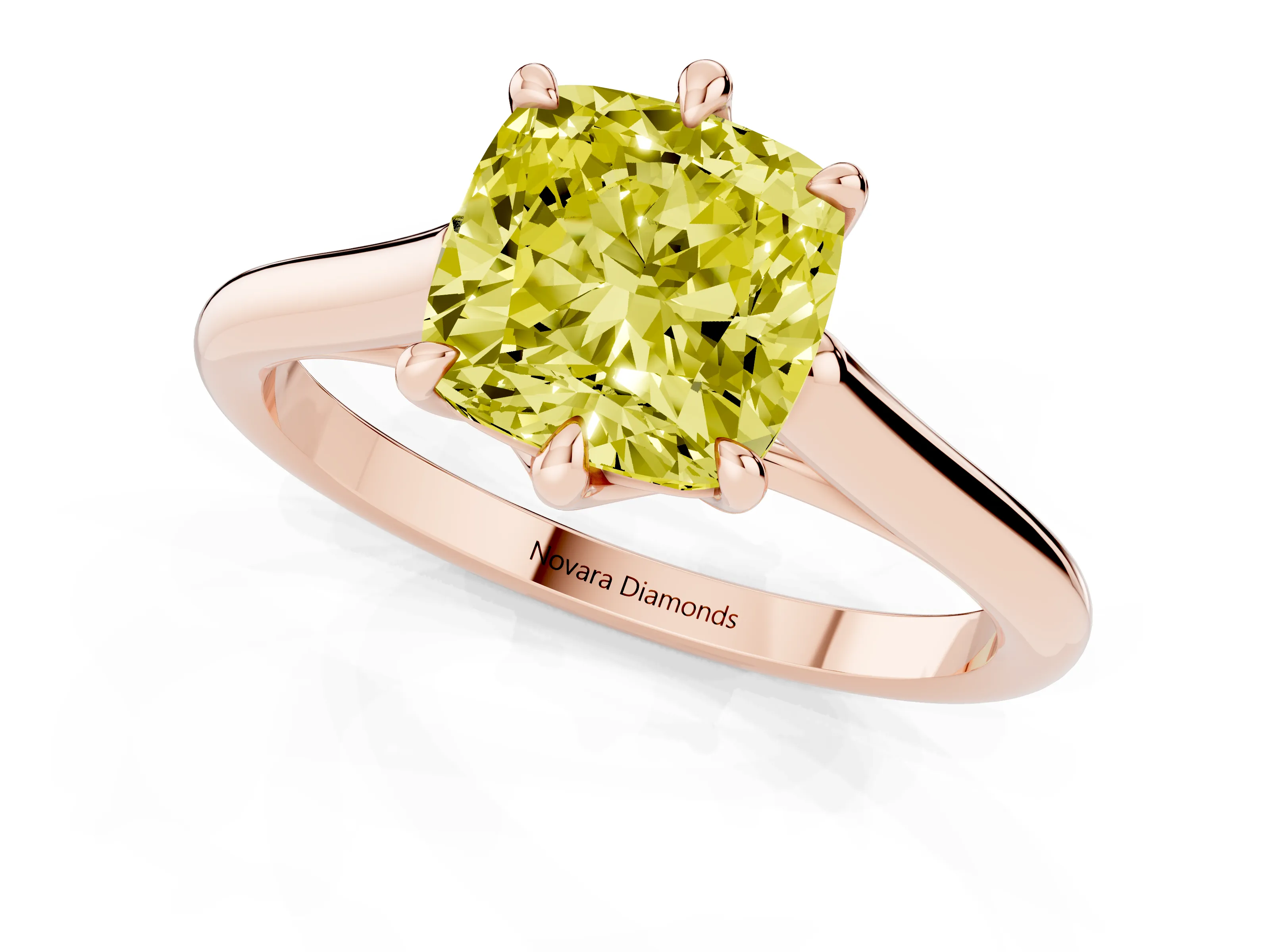 Fancy Yellow Cushion Cut Diamond Solitaire Engagement Ring Set in Rose gold with Prong Setting and Plain Classic Band