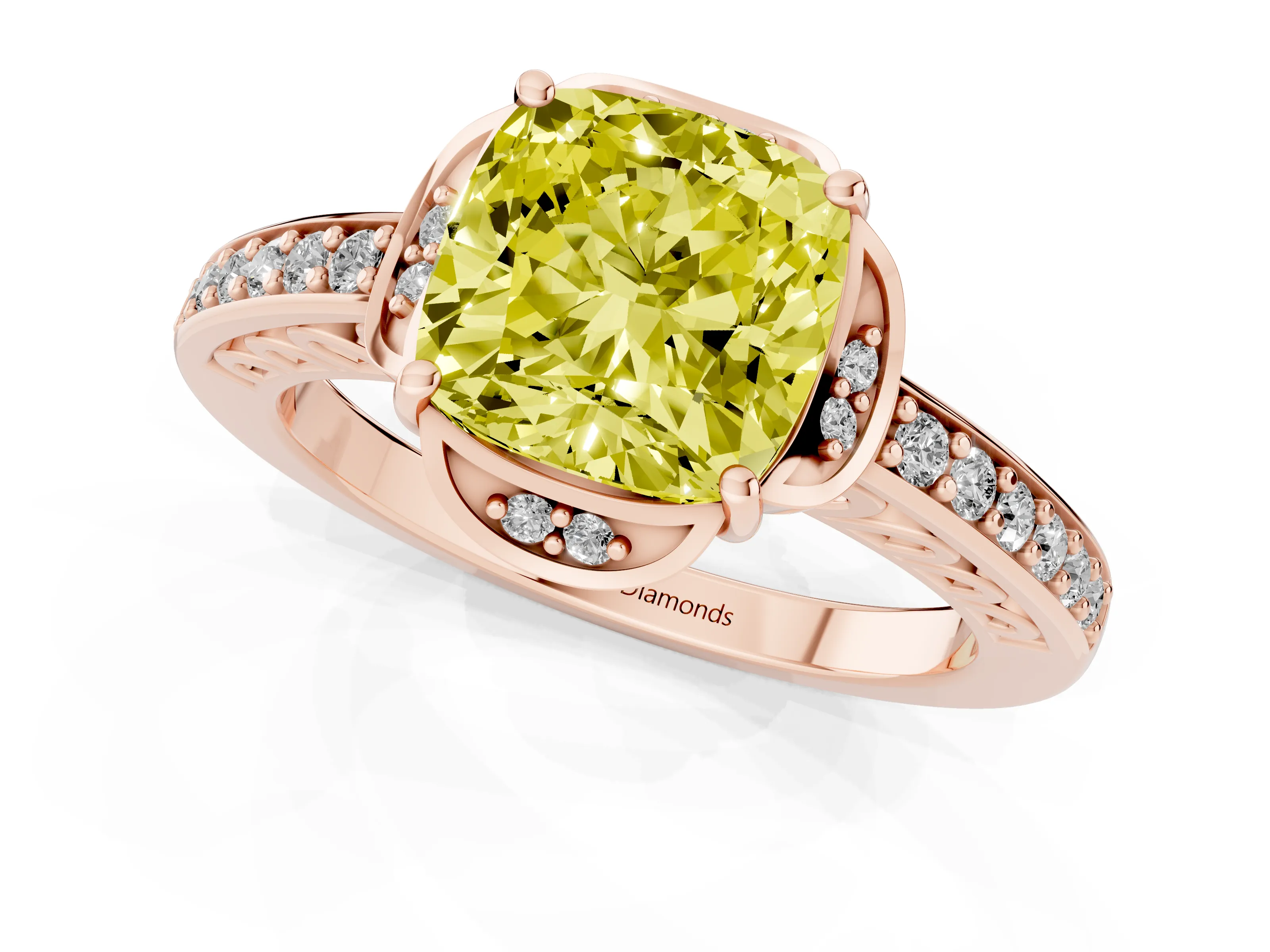 Fancy Yellow Cushion Cut Diamond Halo Ring Set in Rose gold with Channel Set Band and Prong Setting