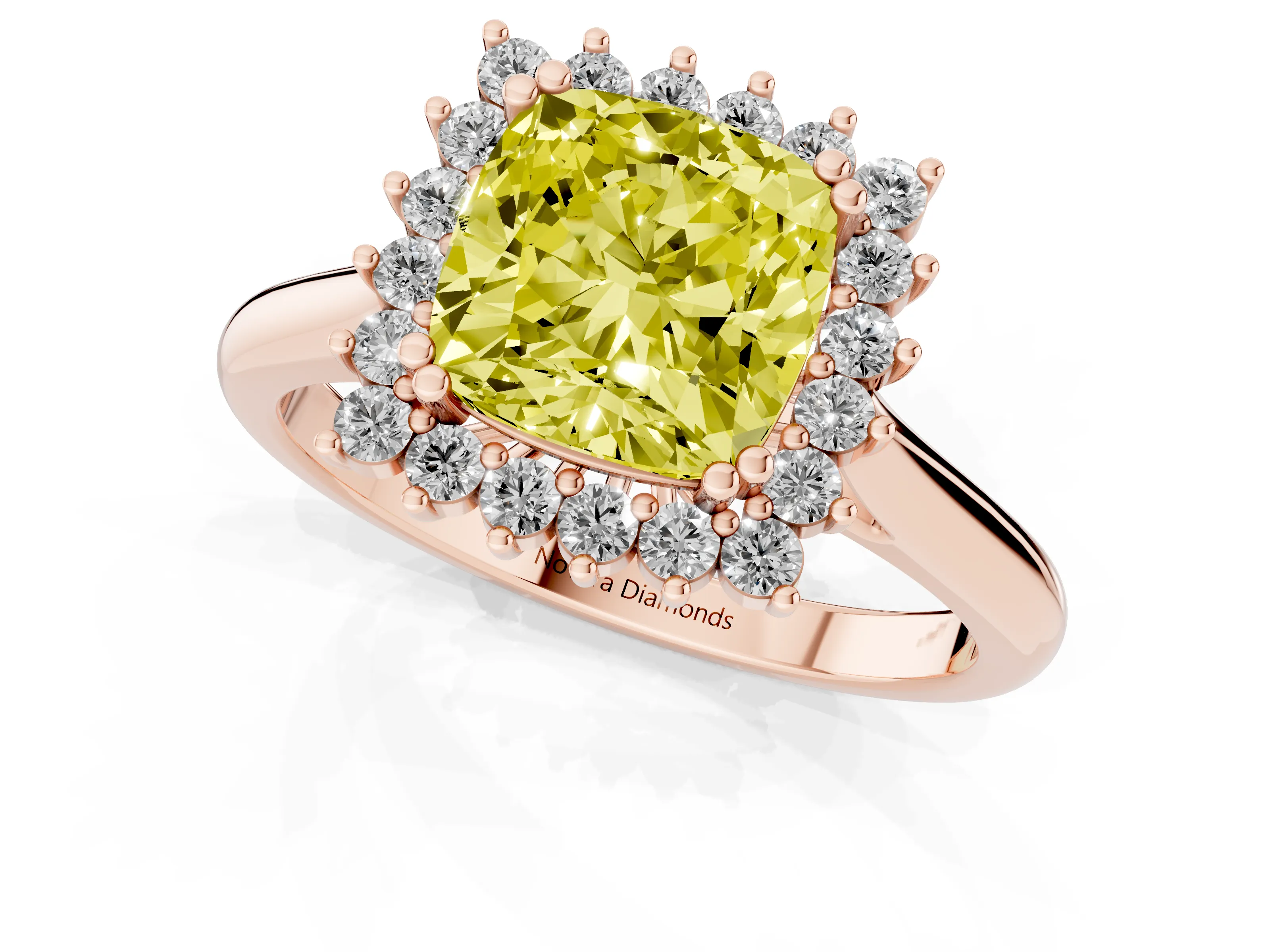 Fancy Yellow Cushion Cut Diamond Halo Ring Set in Rose gold with Plain Solitaire Band and Prong Setting