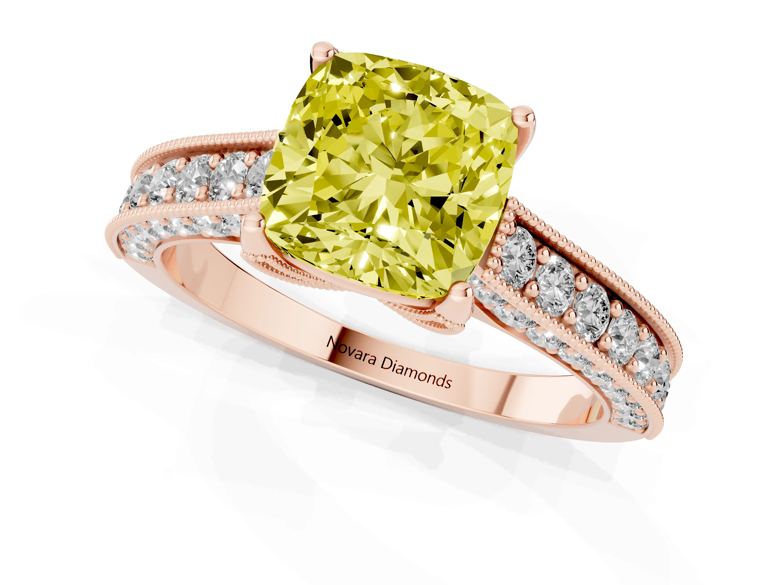 Fancy Yellow Cushion Cut Diamond Solitaire Ring Set in Rose gold with Milgrain-Edged Pavé Band and Prong Setting