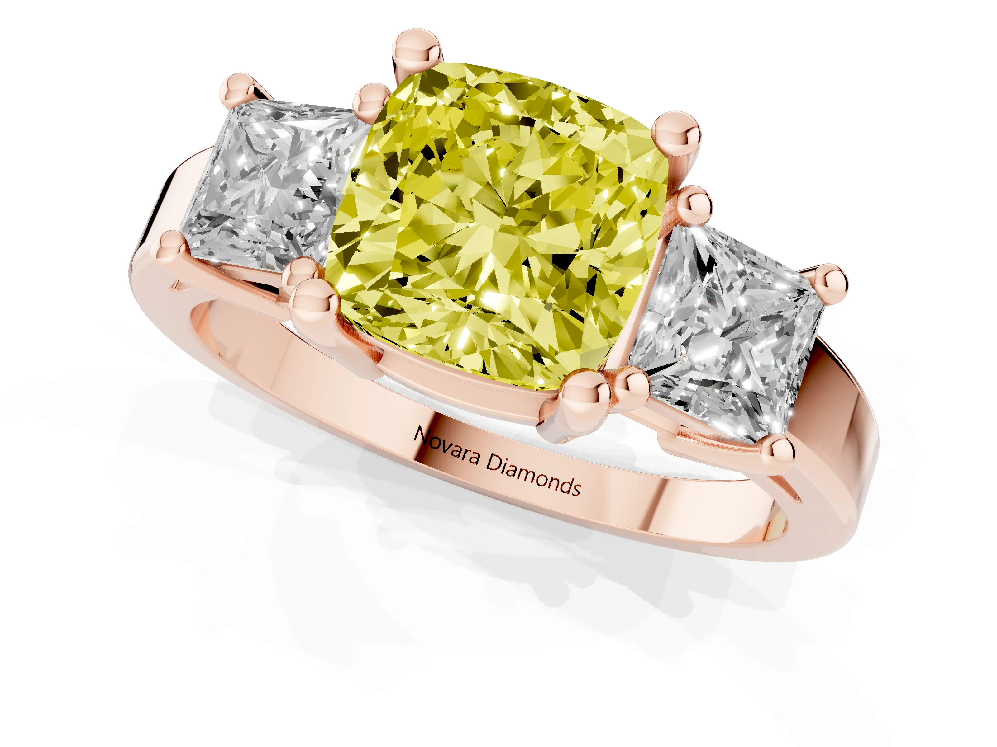 Fancy Yellow Three-Stone Cushion Cut Diamond Solitaire Ring Set in Rose gold with Prong Setting