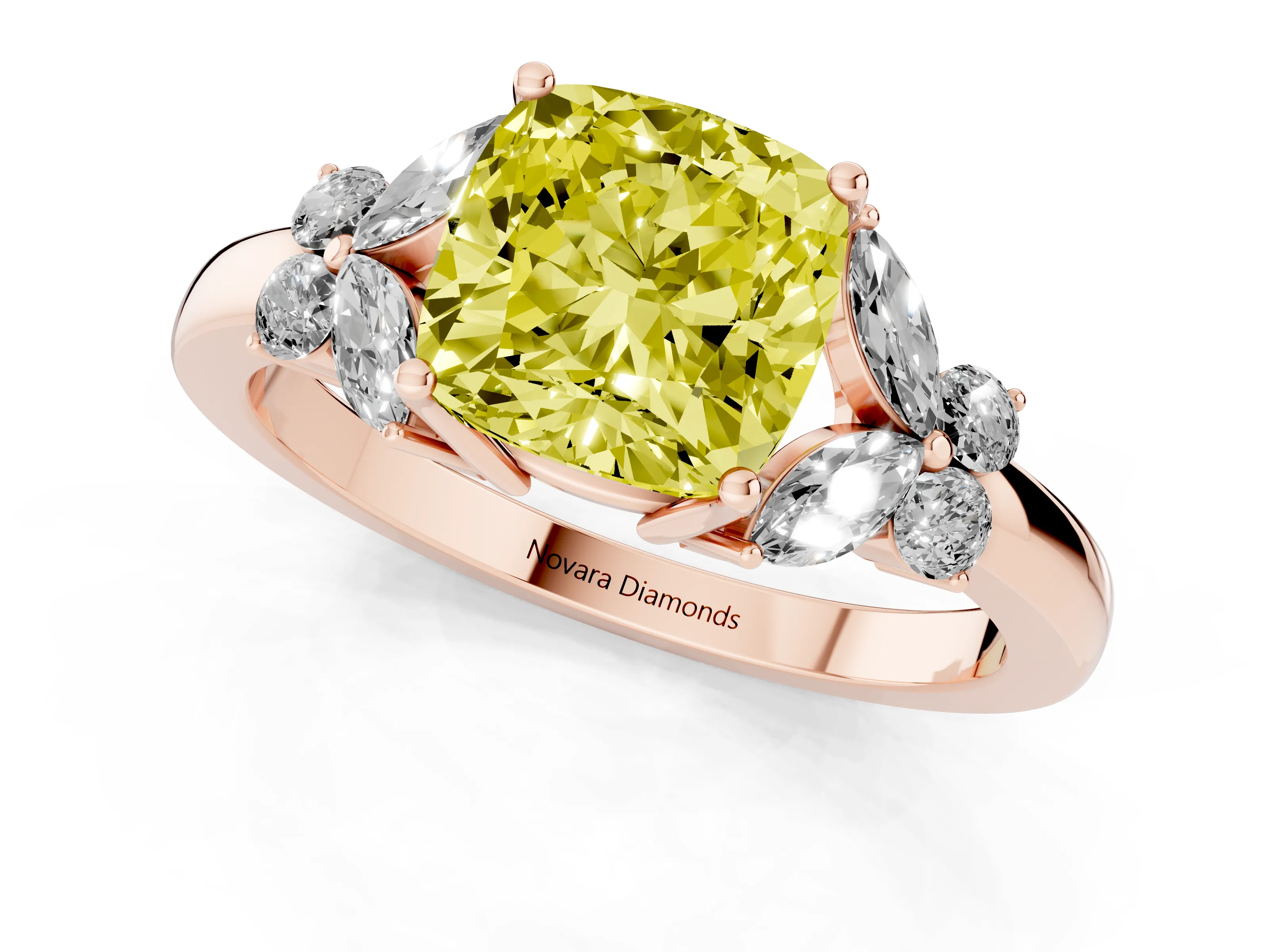 Fancy Yellow Cushion Cut Diamond Solitaire Floral Ring Set in Rose gold with Marquise Petals and Prong Setting