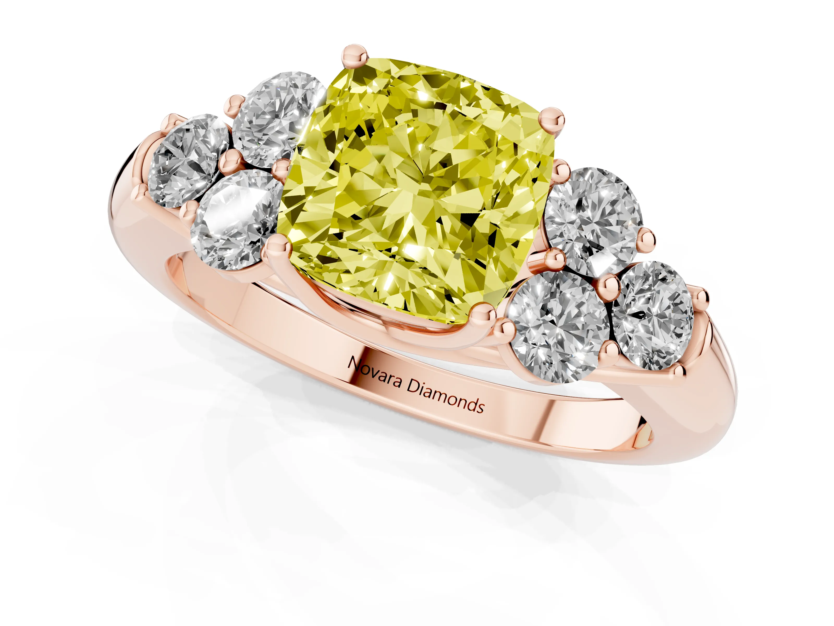 Fancy Yellow Cushion Cut Diamond Cluster Ring Set in Rose gold with Round Accent Stones and Prong Setting on a Plain Band