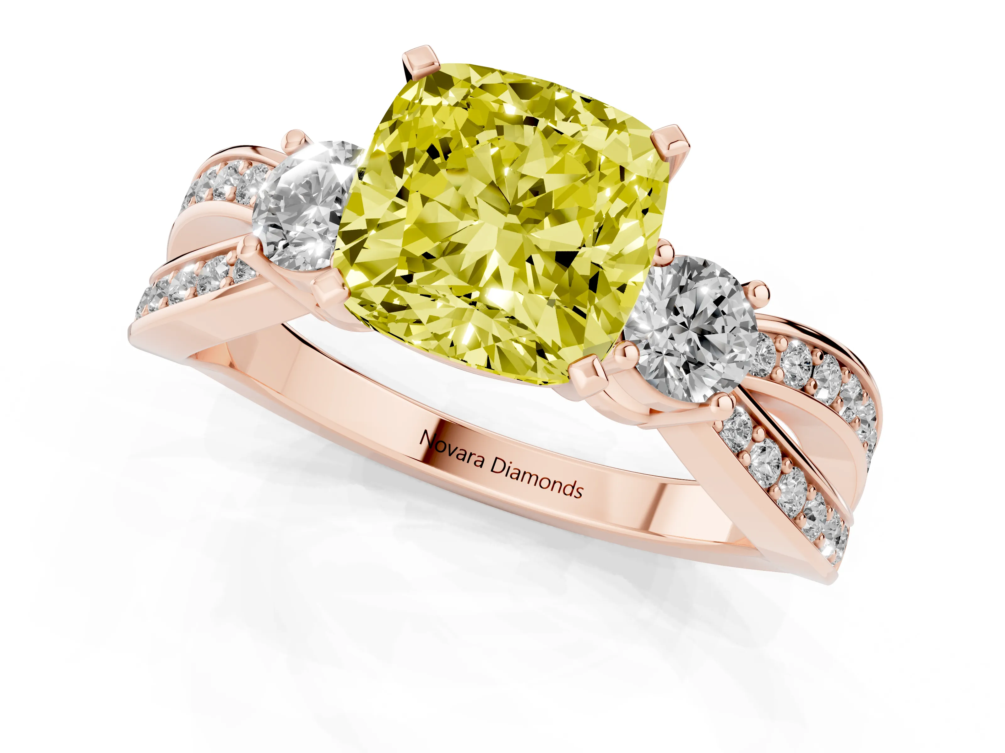 Fancy Yellow Three-Stone Cushion Cut Diamond Twist Band Ring Set in Rose gold with Pavé Accents and Prong Setting