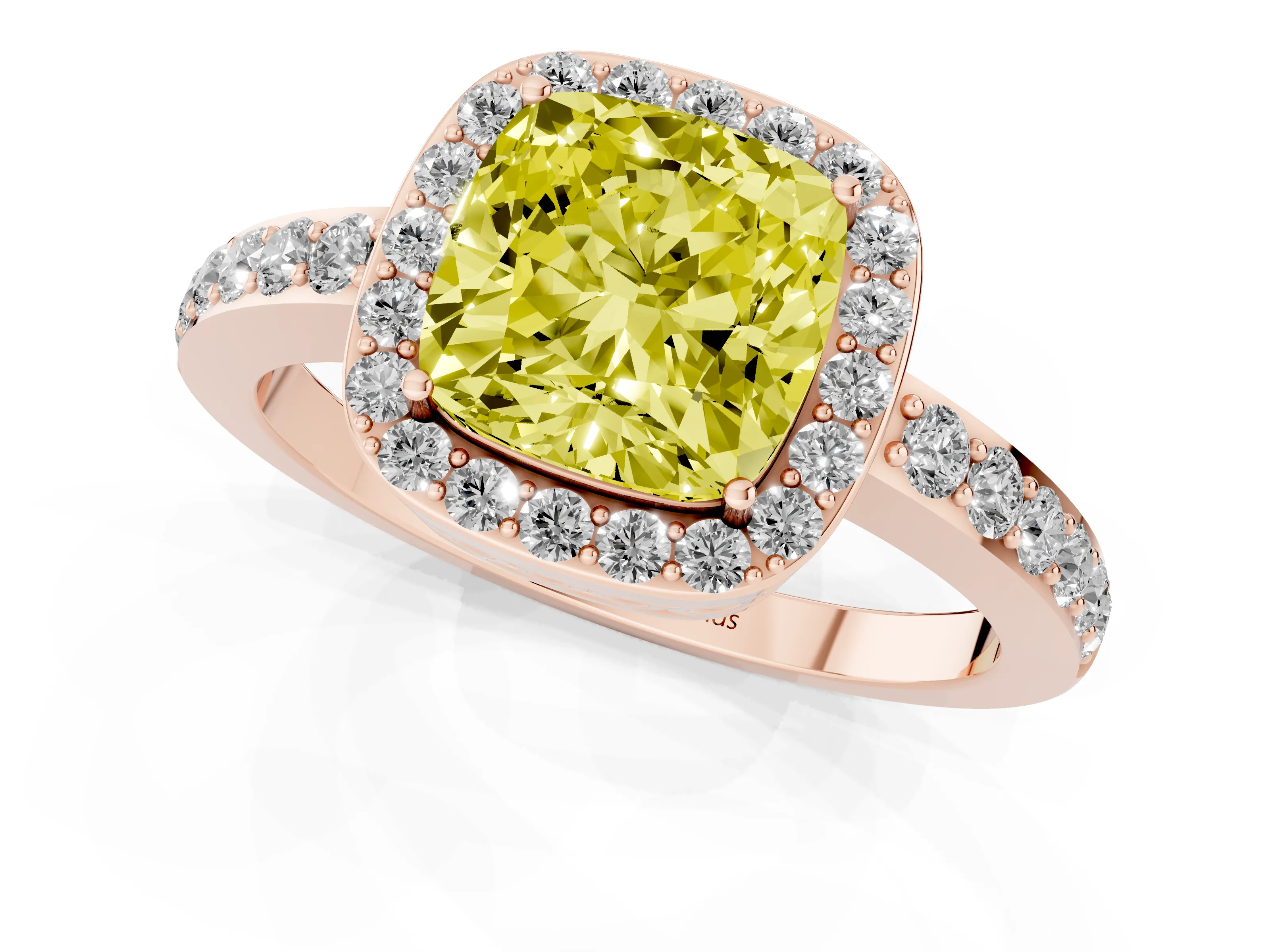 Fancy Yellow Cushion Cut Diamond Halo Ring Set in Rose gold with Pavé-Setting Band and Open Prong Center