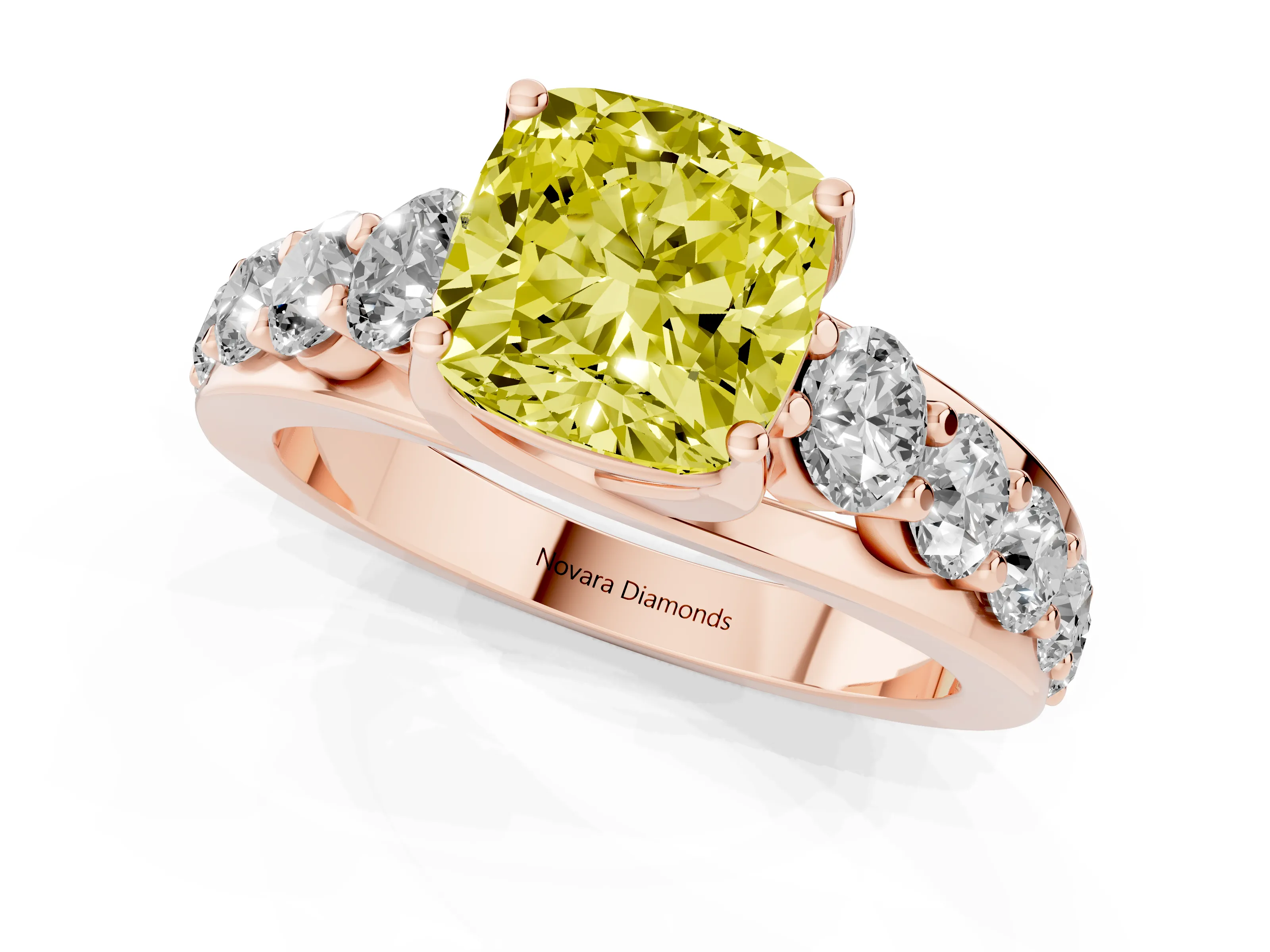 Fancy Yellow Cushion Cut Diamond Pavé Engagement Ring Set in Rose gold with Prong Setting