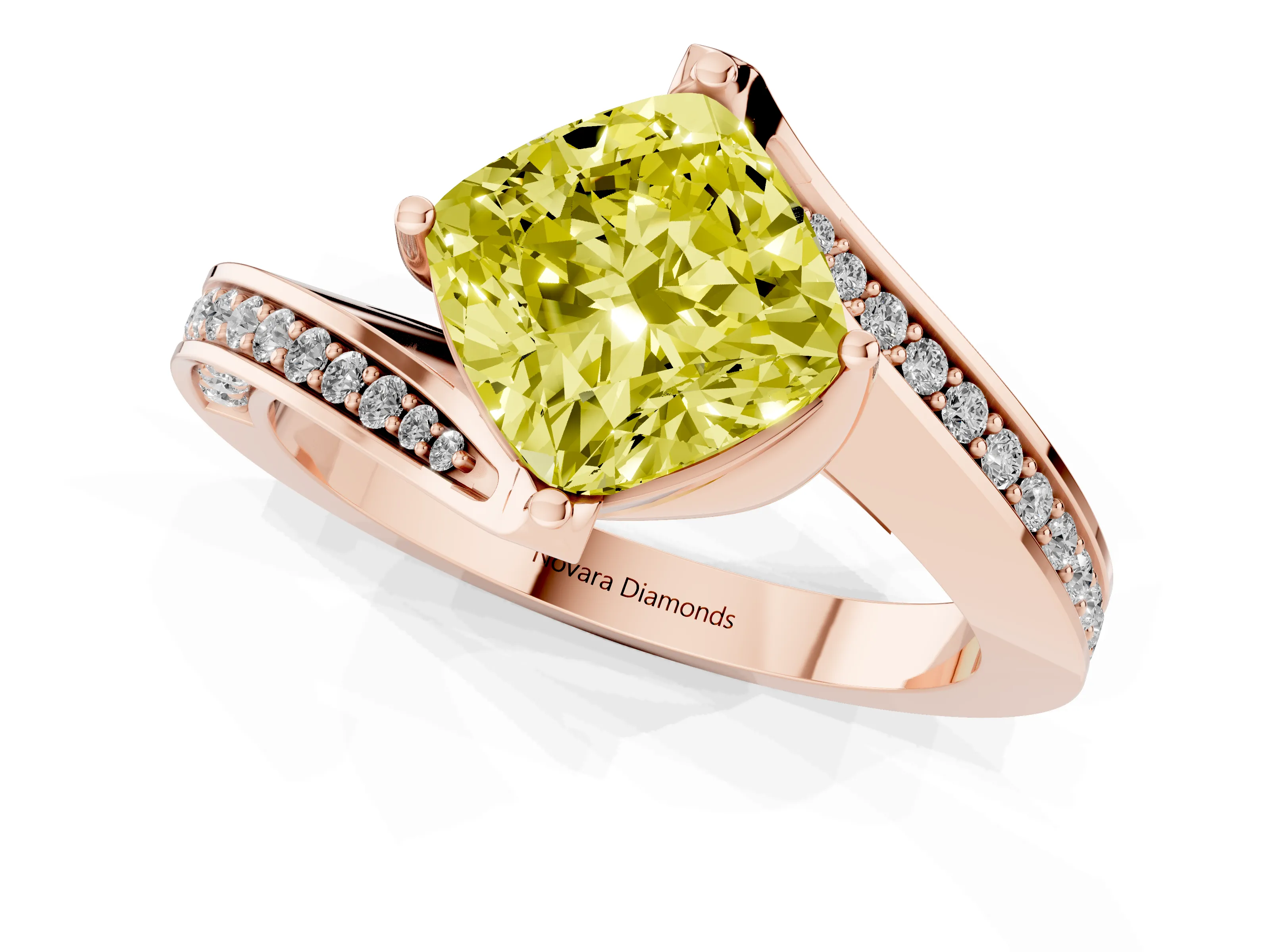 Fancy Yellow Cushion Cut Diamond Solitaire Ring Set in Rose gold with Intertwined Pavé Twist Band