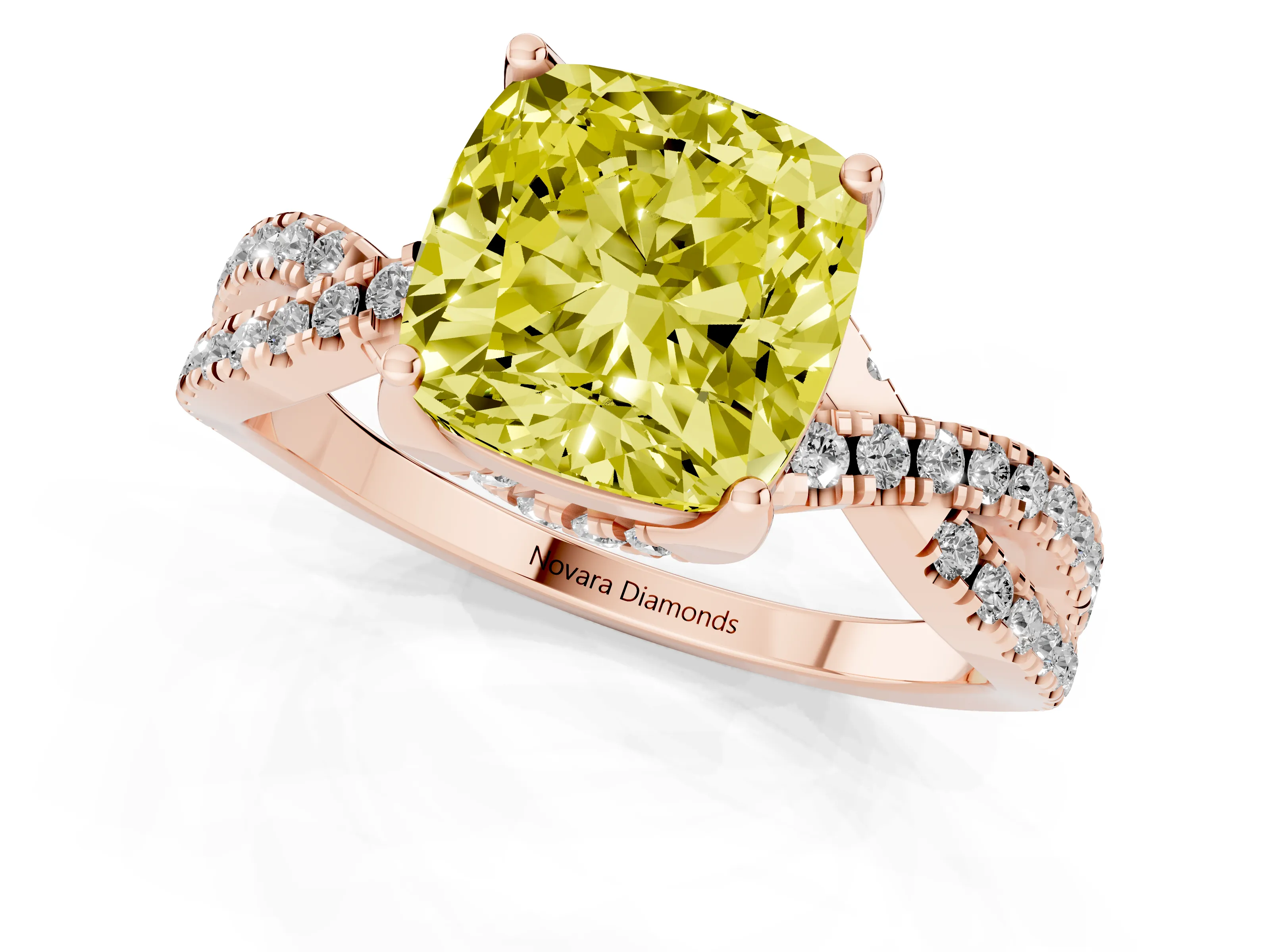 Fancy Yellow Cushion Cut Diamond Twist Pavé Solitaire Engagement Ring Set in Rose gold with Prong Setting