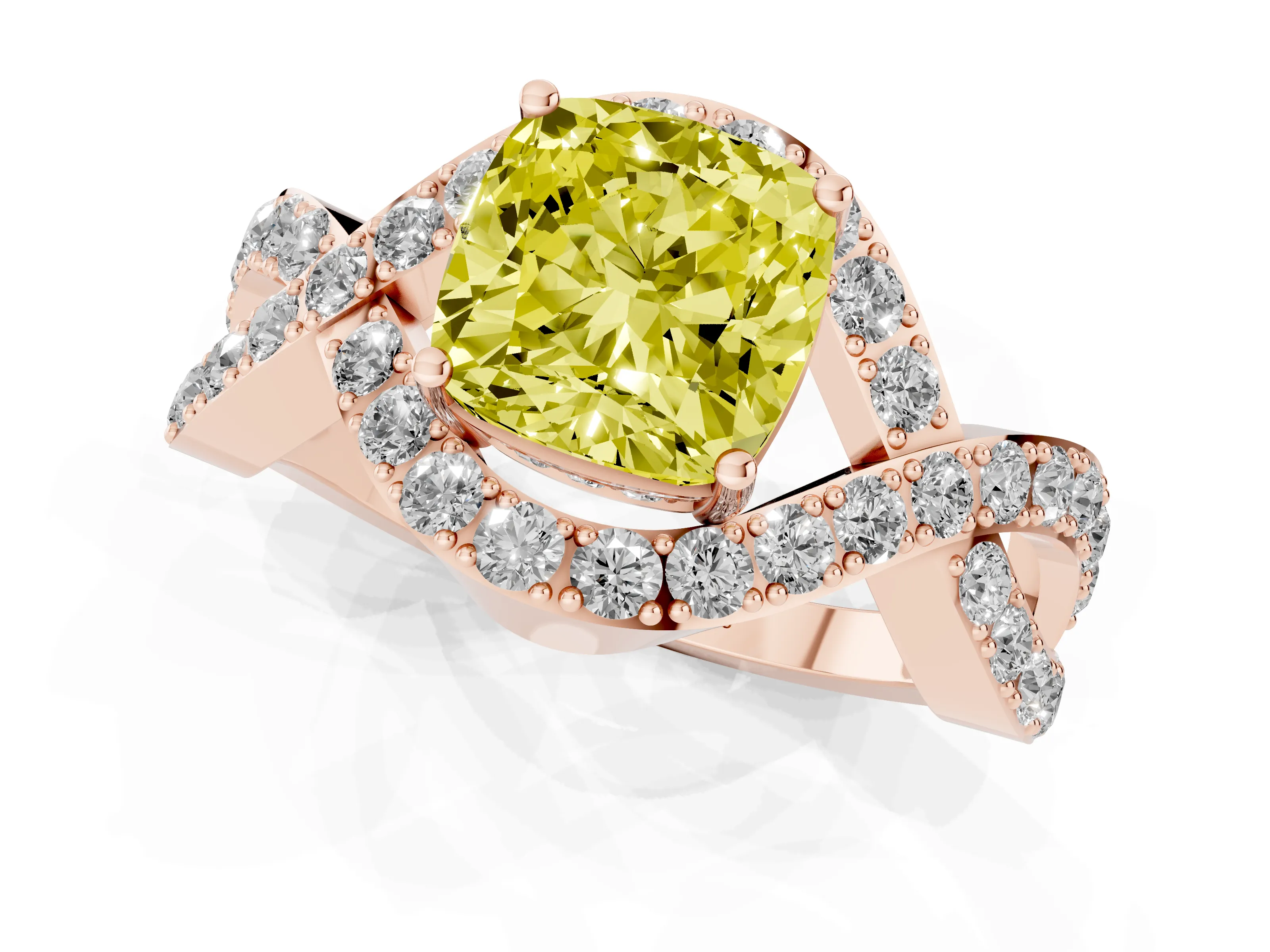 Fancy Yellow Cushion Cut Diamond Solitaire Twist Band Pavé Engagement Ring Set in Rose gold
