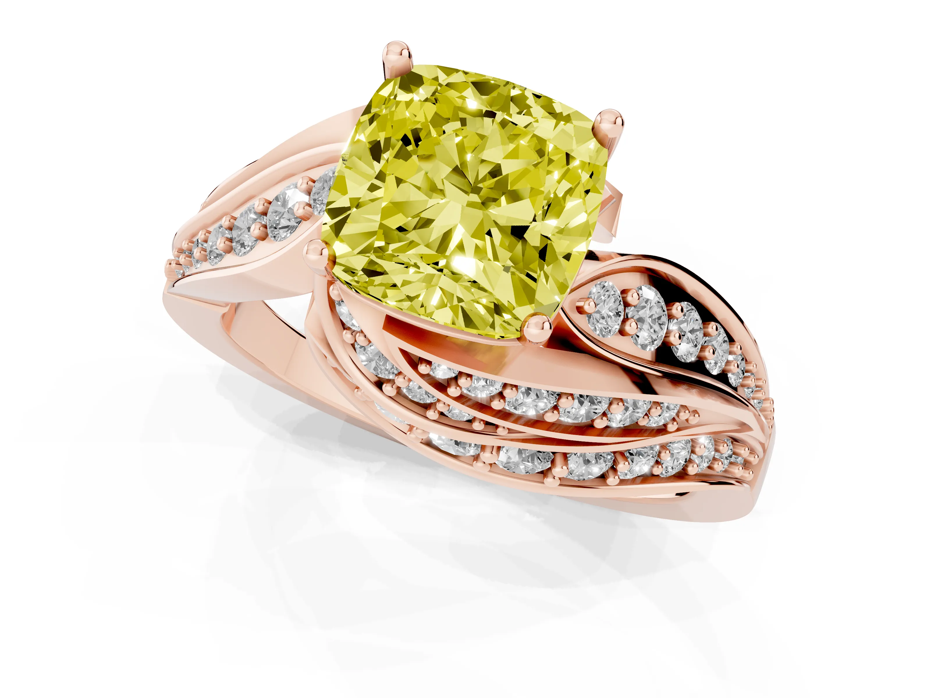 Fancy Yellow Cushion Cut Diamond Solitaire Ring Set in Rose gold with Layered Twist Pavé Band