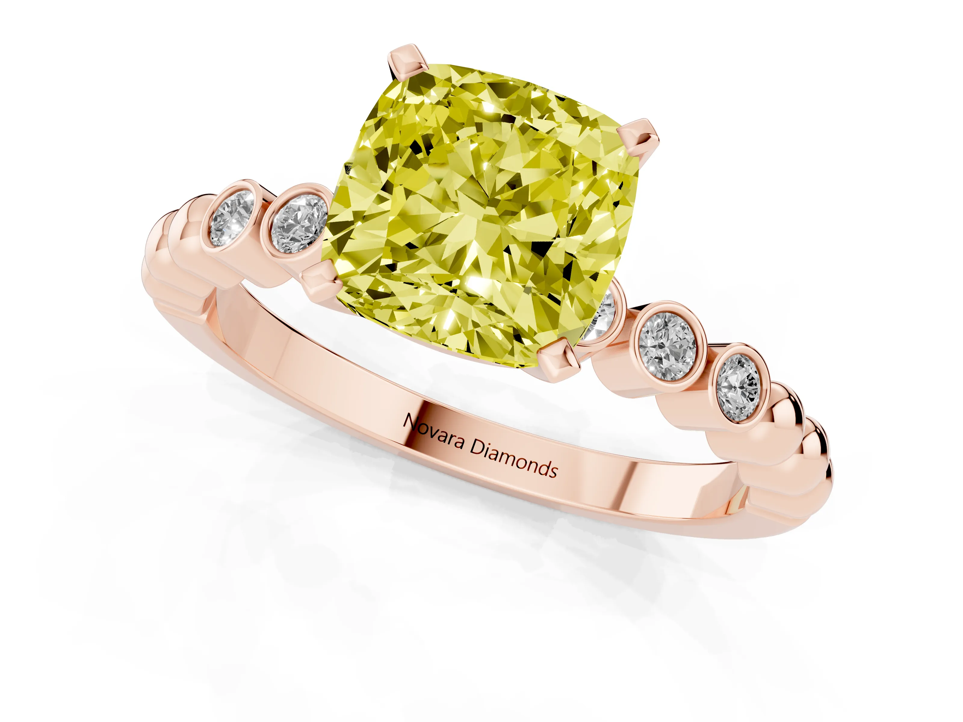 Fancy Yellow Cushion Cut Diamond Solitaire Engagement Ring Set in Rose gold with Bezel Accents on Beaded Band