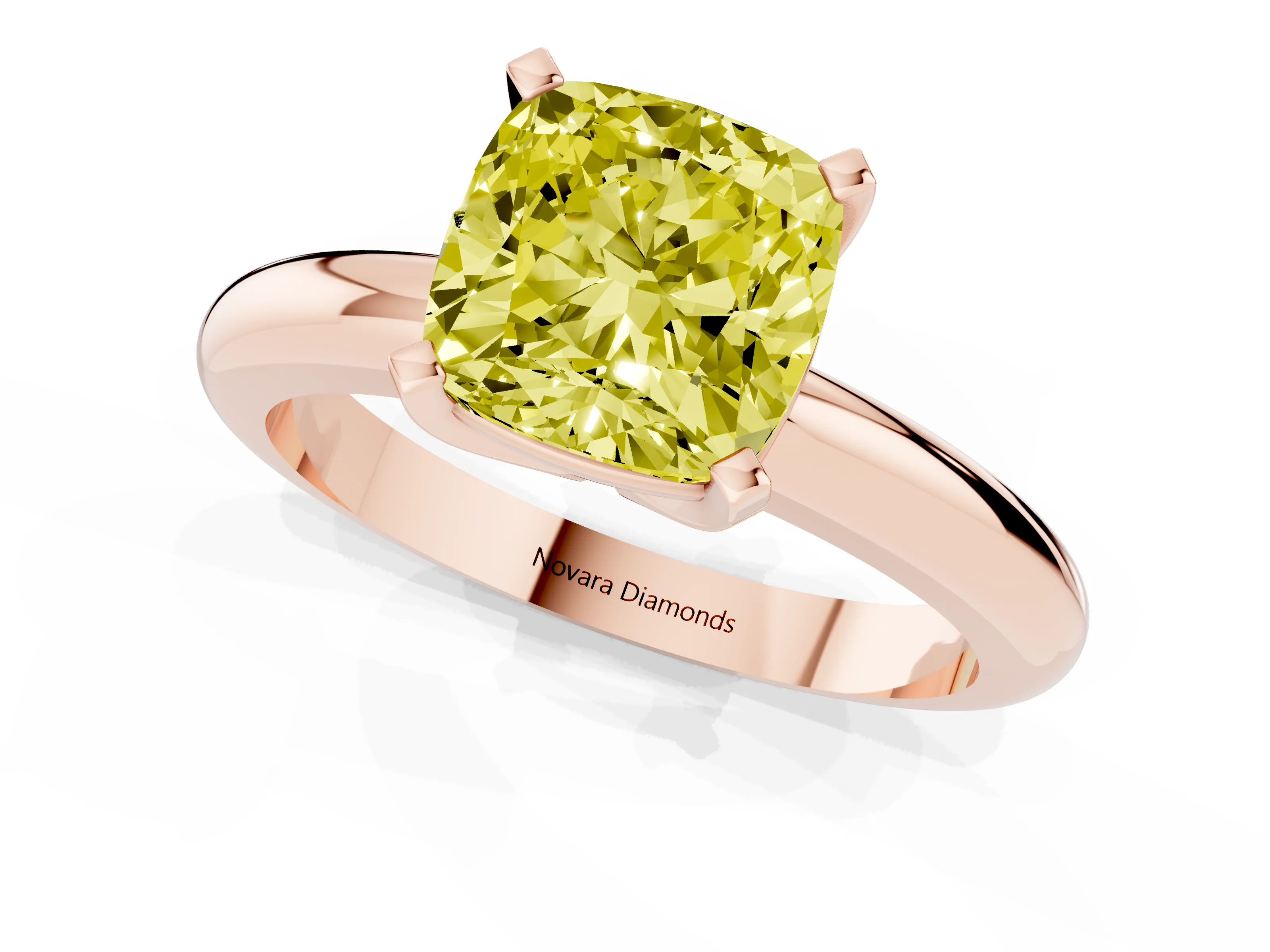 Fancy Yellow Cushion Cut Diamond Solitaire Engagement Ring Set in Rose gold with Round Band and Prong Setting