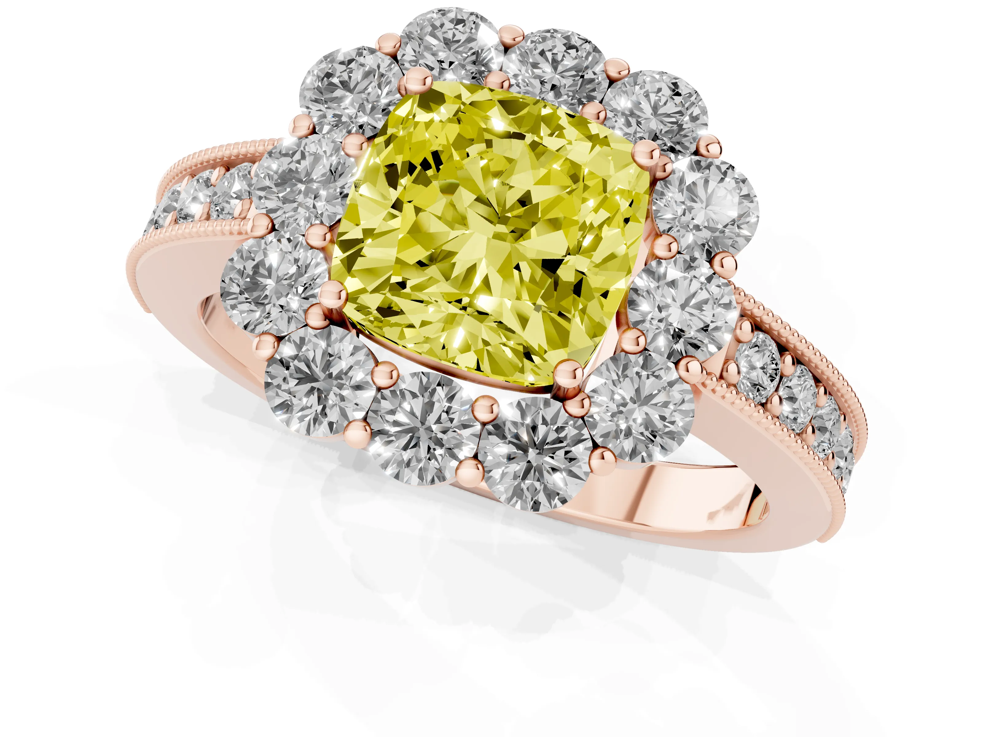 Fancy Yellow Cushion Cut Diamond Halo Pavé Engagement Ring Set in Rose gold with Milgrain Detailing