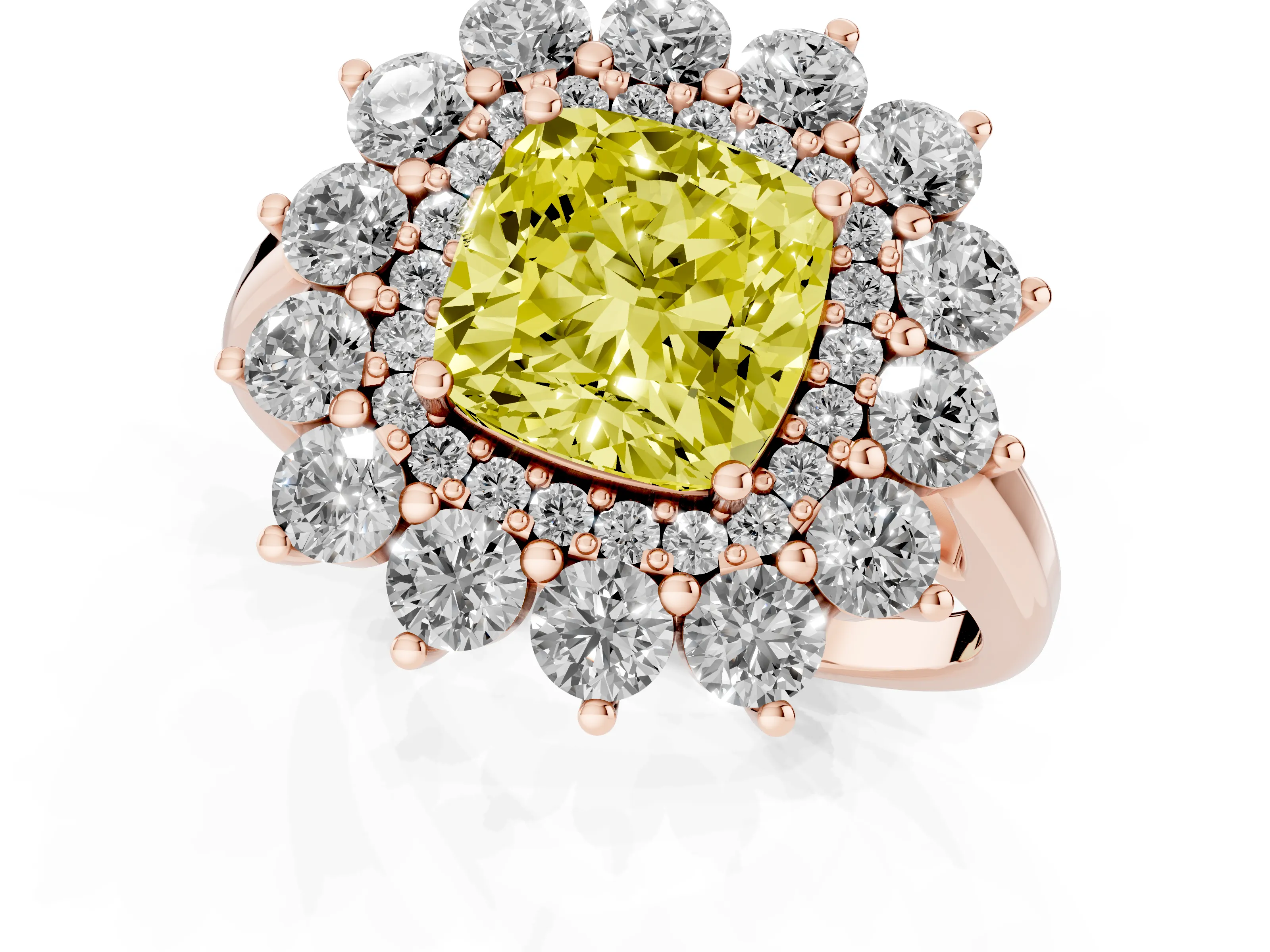 Fancy Yellow Cushion Cut Diamond Floral Double Halo Ring Set in Rose gold with Round Petals