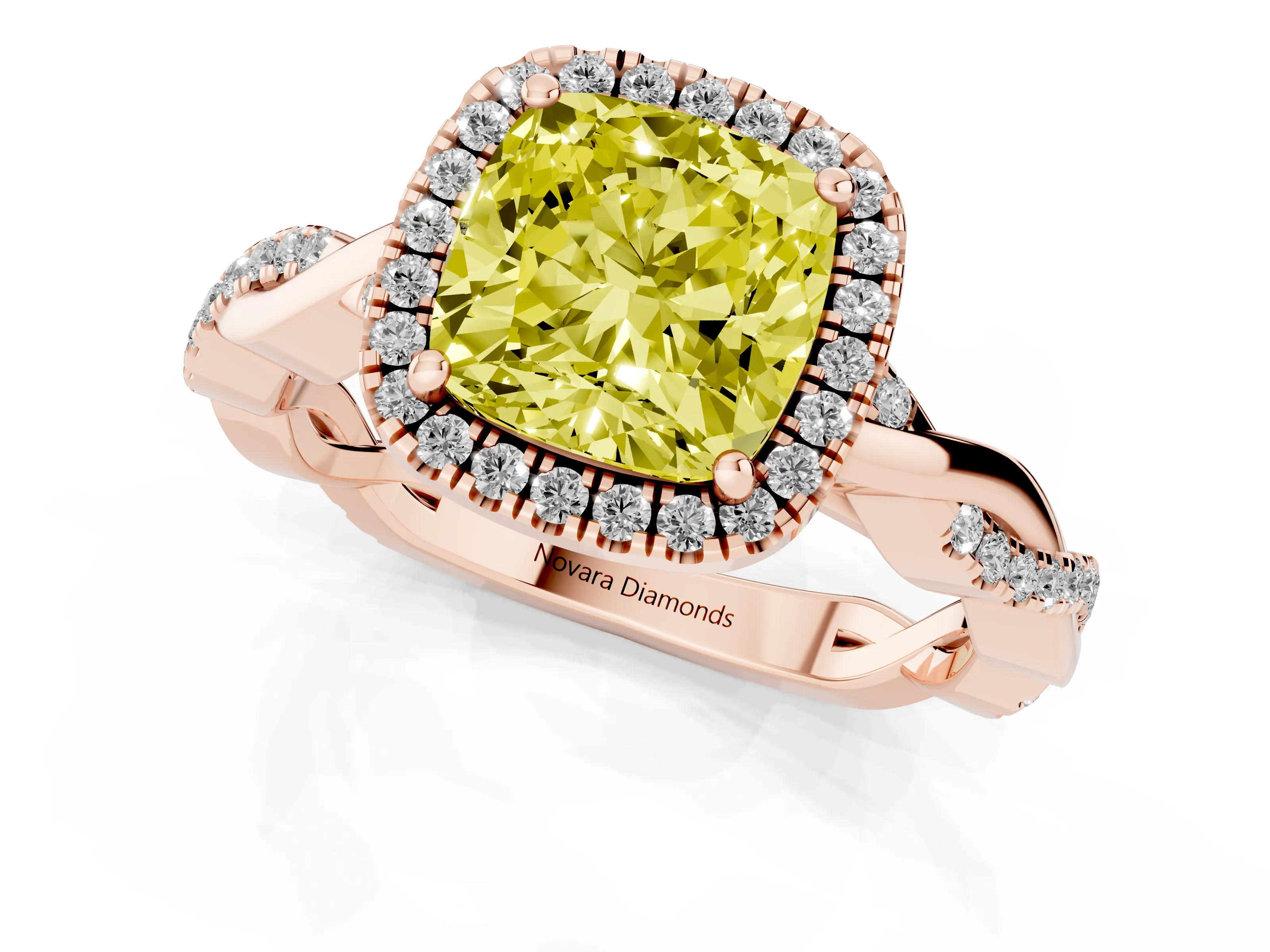 Fancy Yellow Cushion Cut Diamond Halo Twisted Band Ring Set in Rose gold with Prong Setting