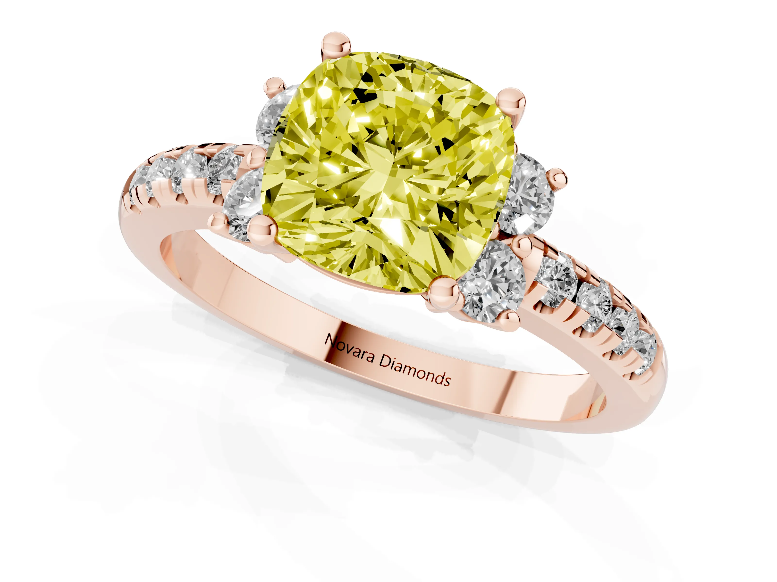 Fancy Yellow Cushion Cut Diamond Three-Stone Pavé Ring Set in Rose gold with Prong Setting