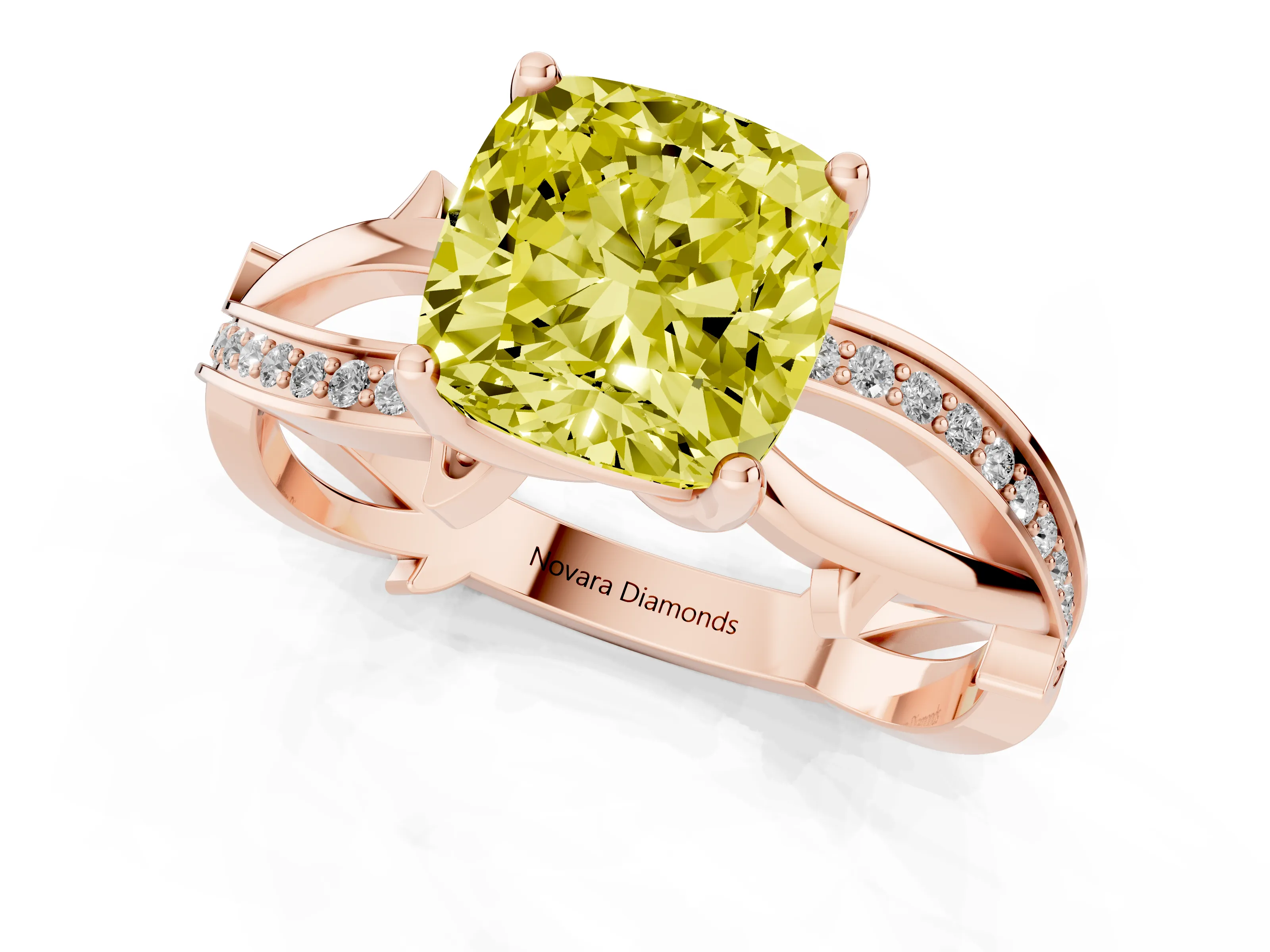 Fancy Yellow Cushion Cut Diamond Pavé Twist Band Solitaire Ring Set in Rose gold with Prong Setting