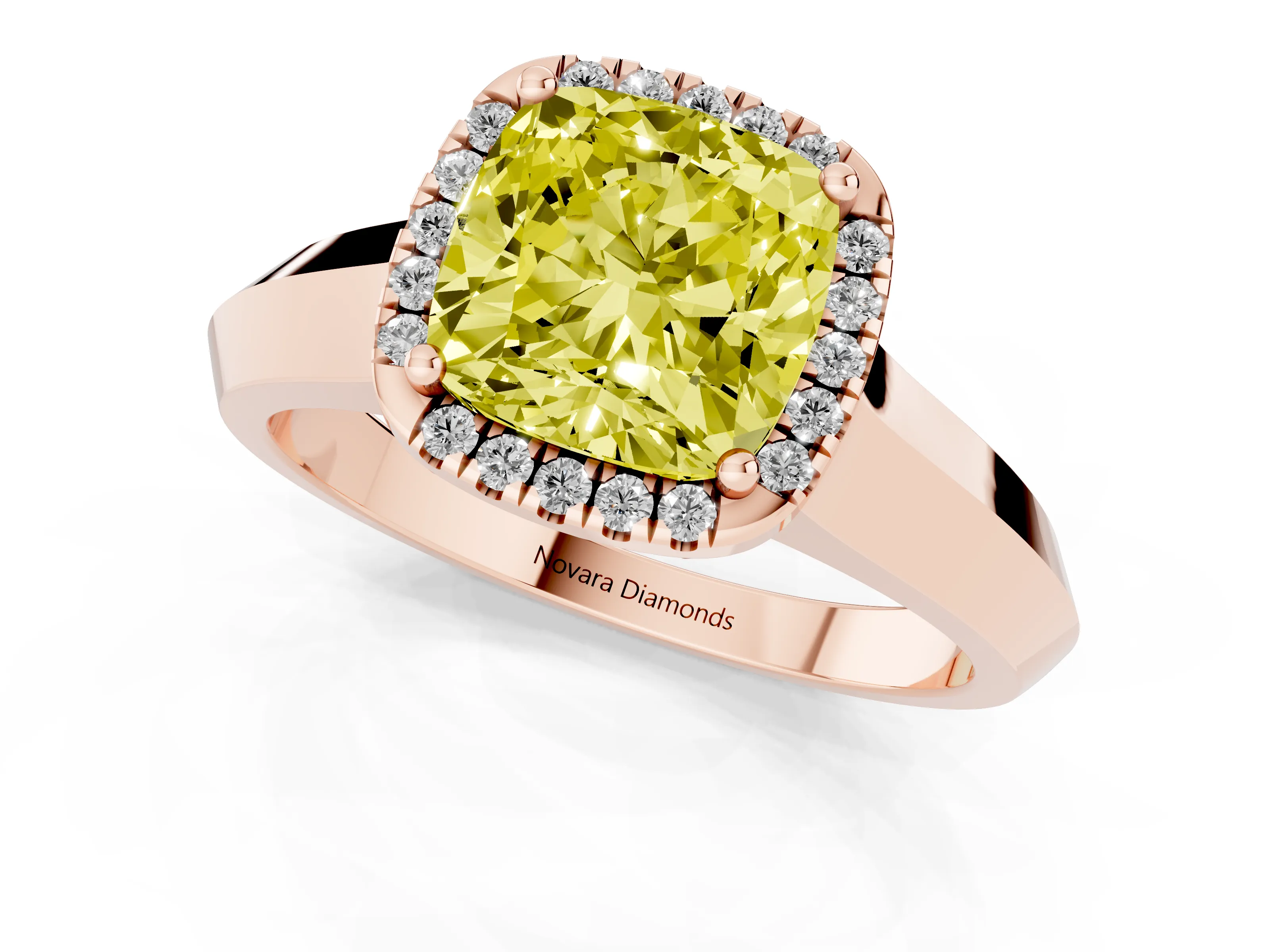 Fancy Yellow Cushion Cut Diamond Halo Ring Set in Rose gold with Cathedral Band and Prong Setting