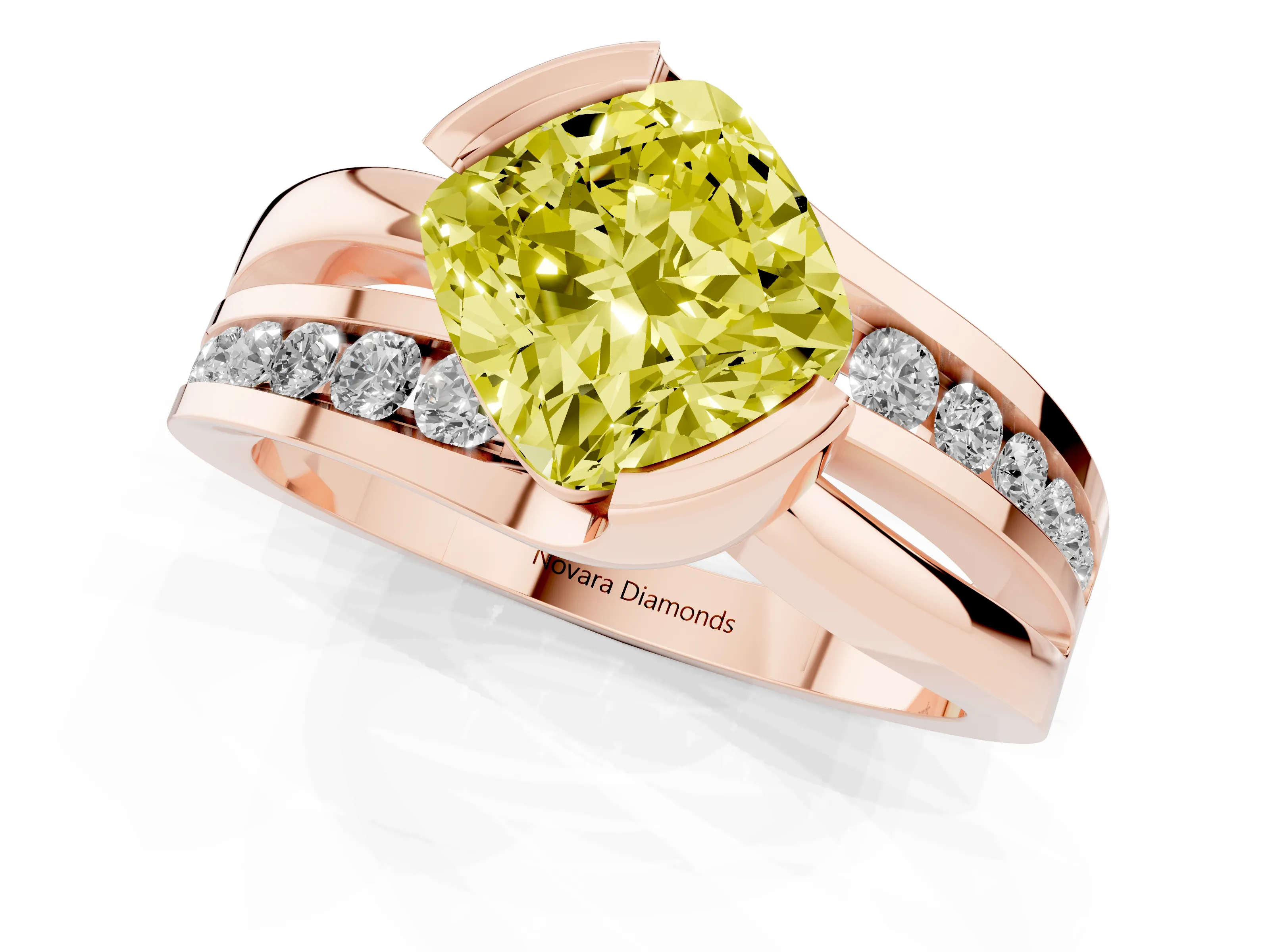 Fancy Yellow Cushion Cut Diamond Solitaire Ring Set in Rose gold with Channel Set Split Shank and Tension Prongs