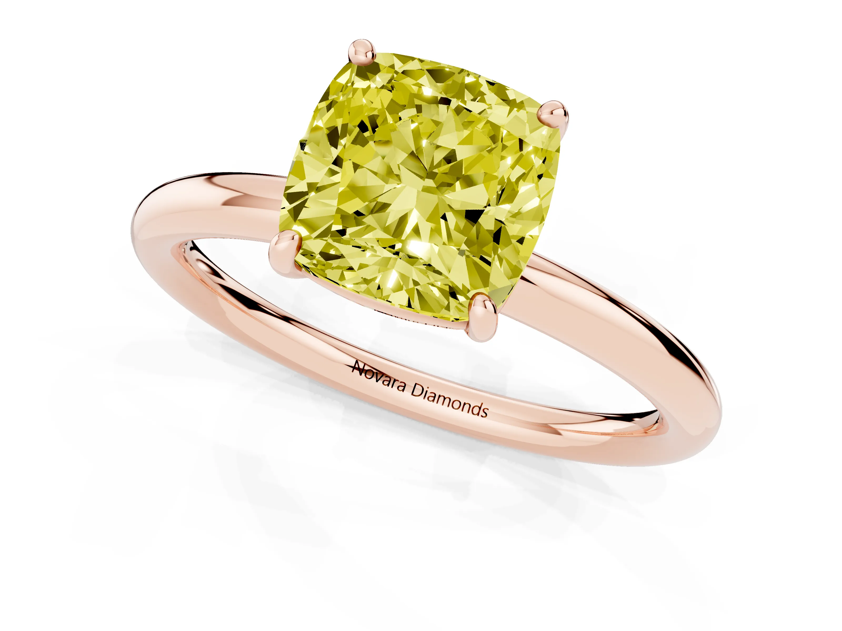 Fancy Yellow Cushion Cut Diamond Solitaire Ring Set in Rose gold with Prong Setting on a Polished Plain Band