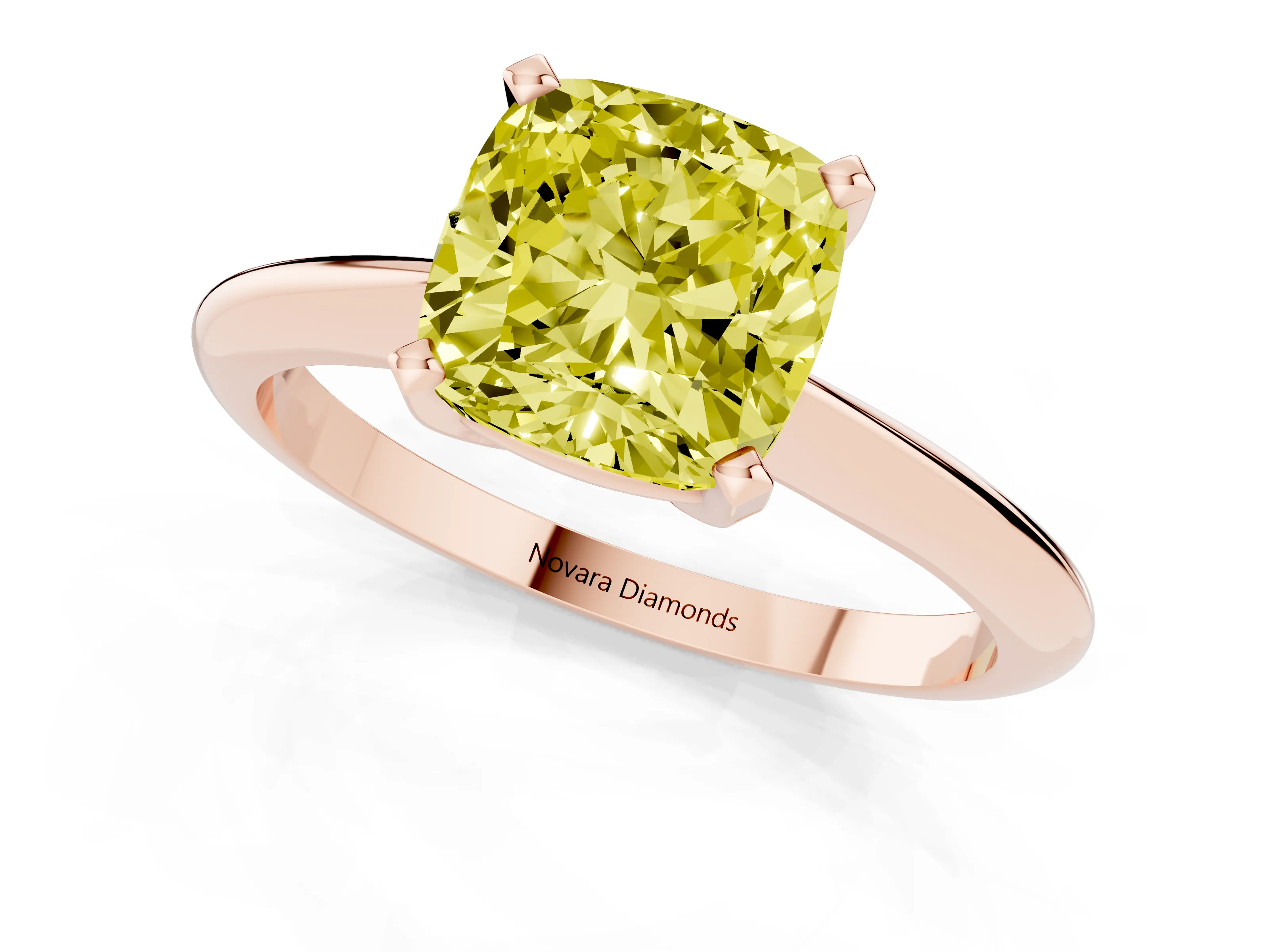 Fancy Yellow Cushion Cut Diamond Solitaire Ring Set in Rose gold with Prong Setting on a Plain Round Band