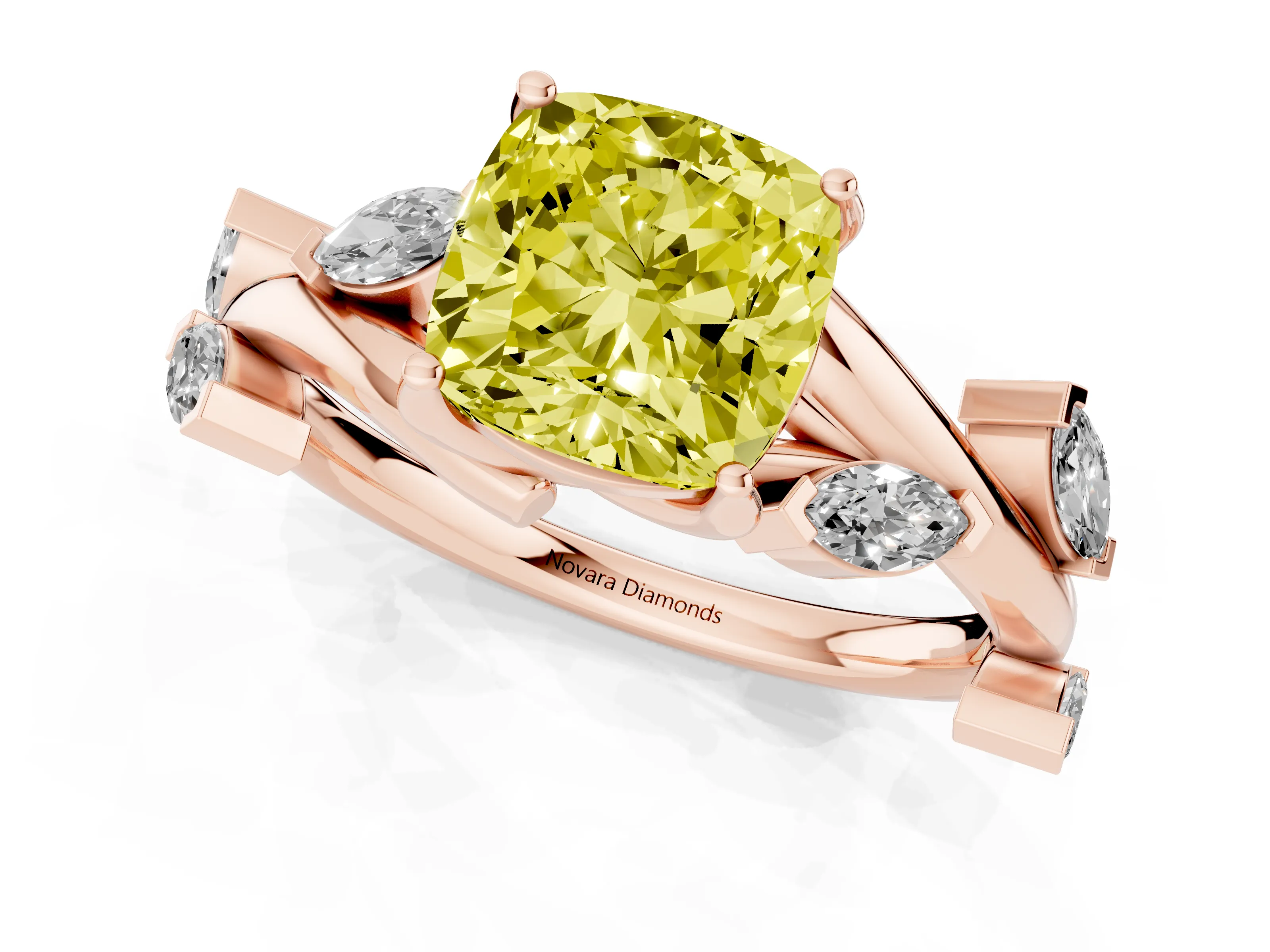 Fancy Yellow Cushion Cut Diamond Solitaire Ring Set in Rose gold with Twisted Marquise Accent Band