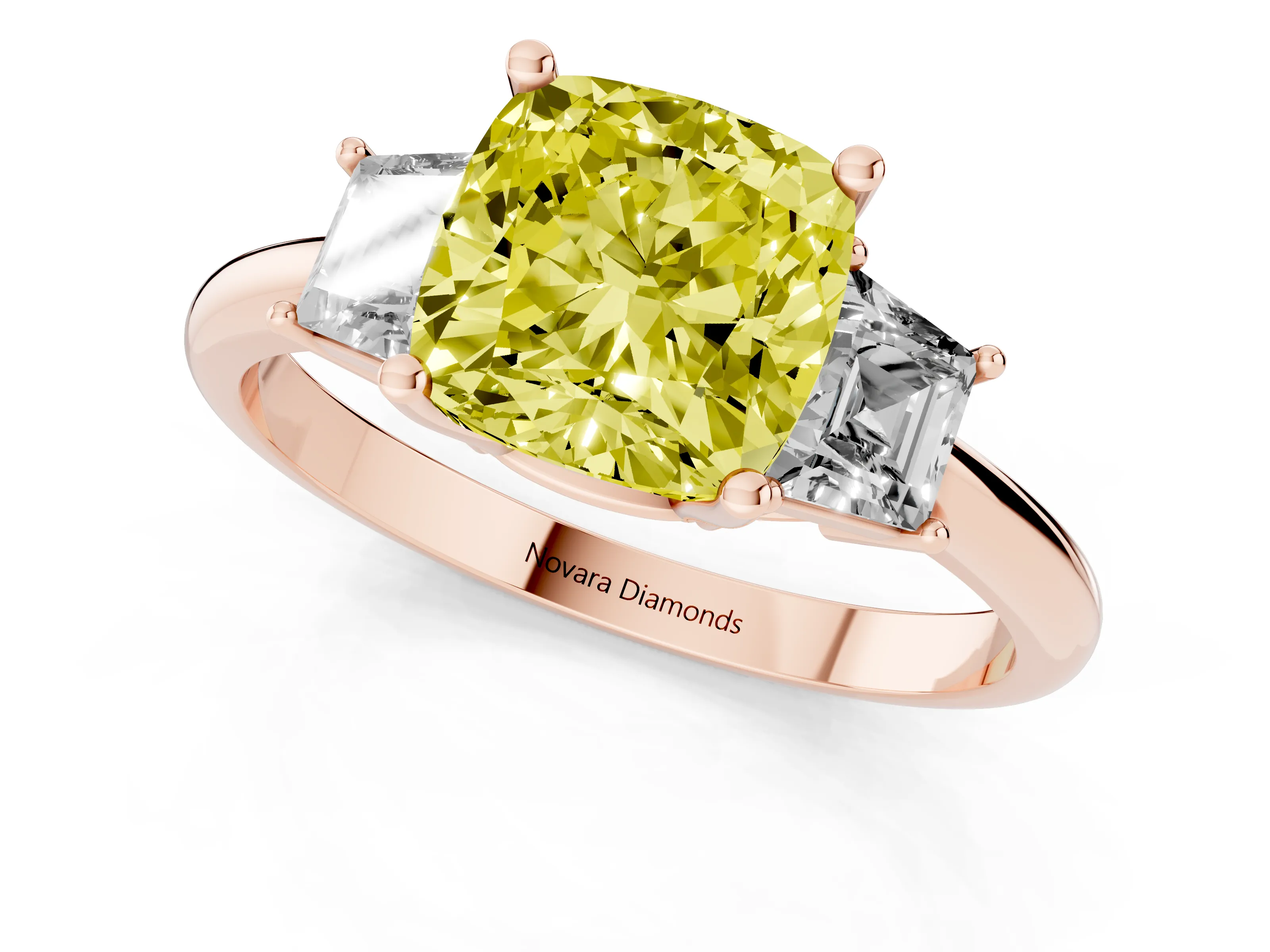 Fancy Yellow Cushion Cut Diamond Three-Stone Ring Set in Rose gold with Trapezoid Side Stones and Prong Setting – second view