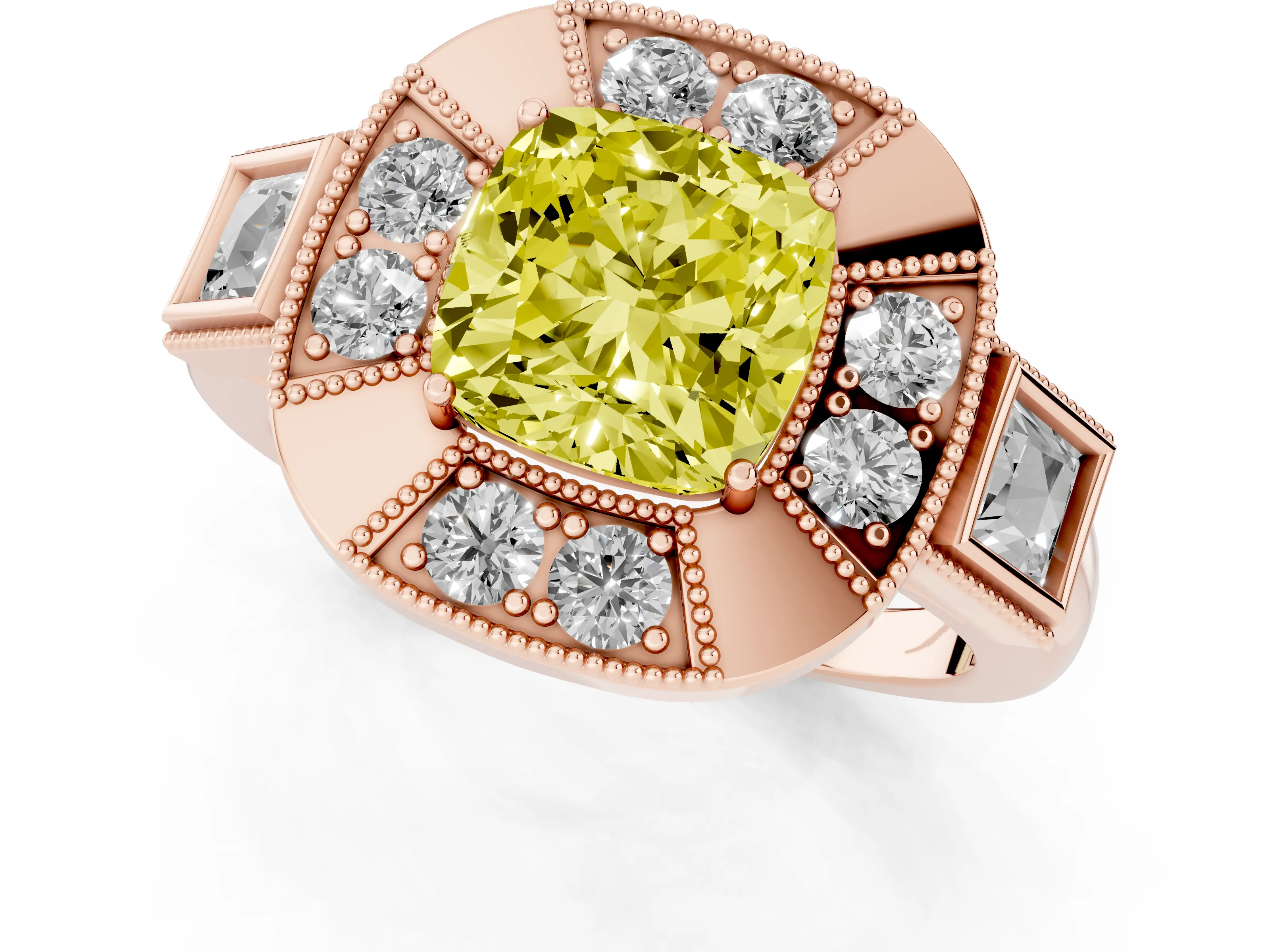 Fancy Yellow Cushion Cut Diamond Milgrain Halo Ring Set in Rose gold with Split Shank