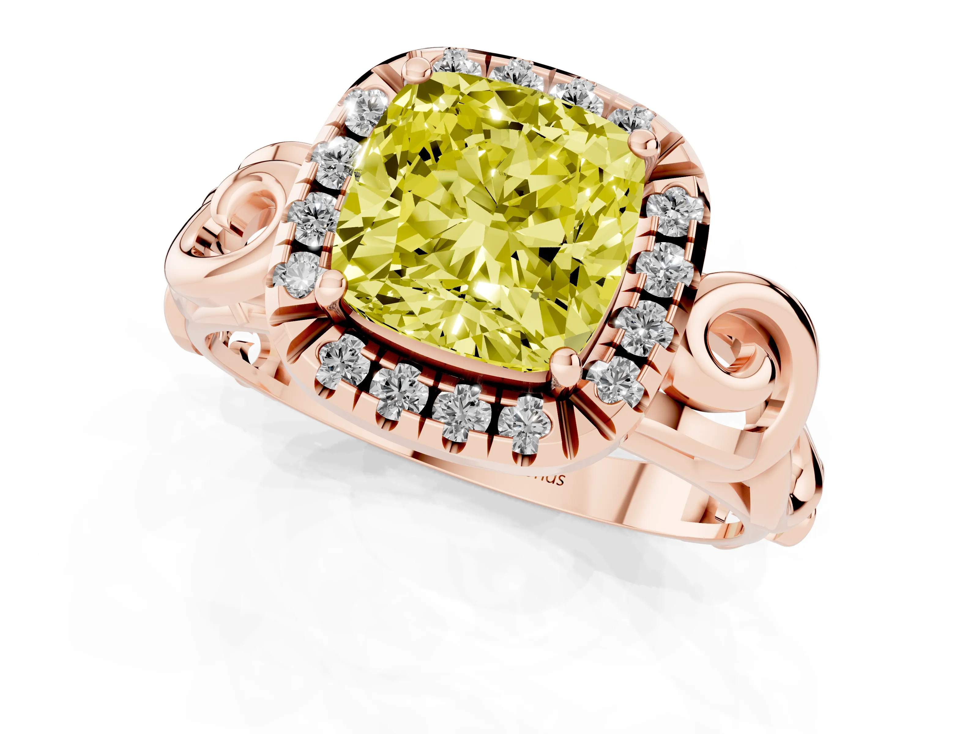 Fancy Yellow Cushion Cut Diamond Halo Ring Set in Rose gold with Scrollwork Band and Prong Setting