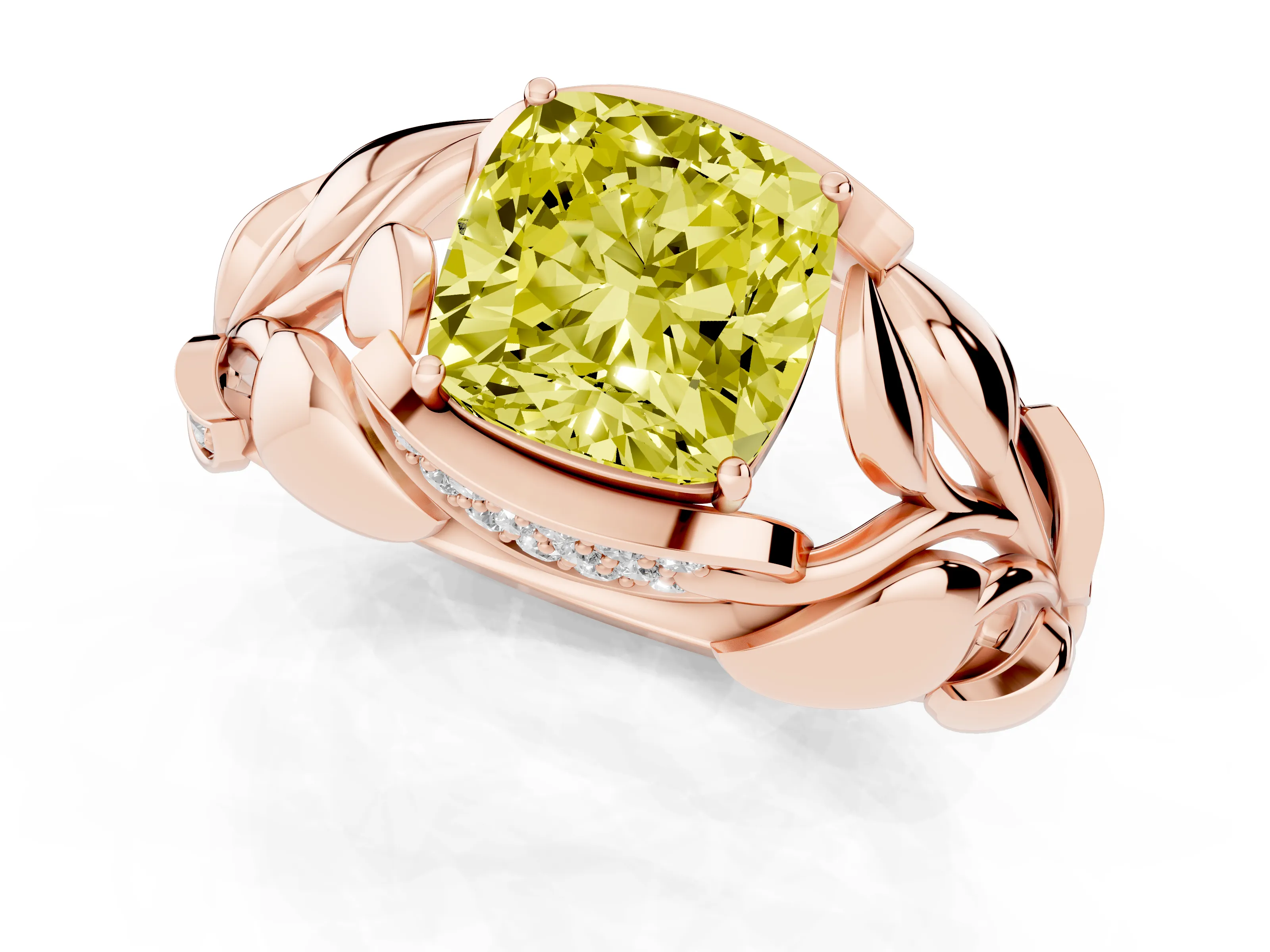 Fancy Yellow Cushion Cut Diamond Leaf-Inspired Engagement Ring Set in Rose gold with Round Accents