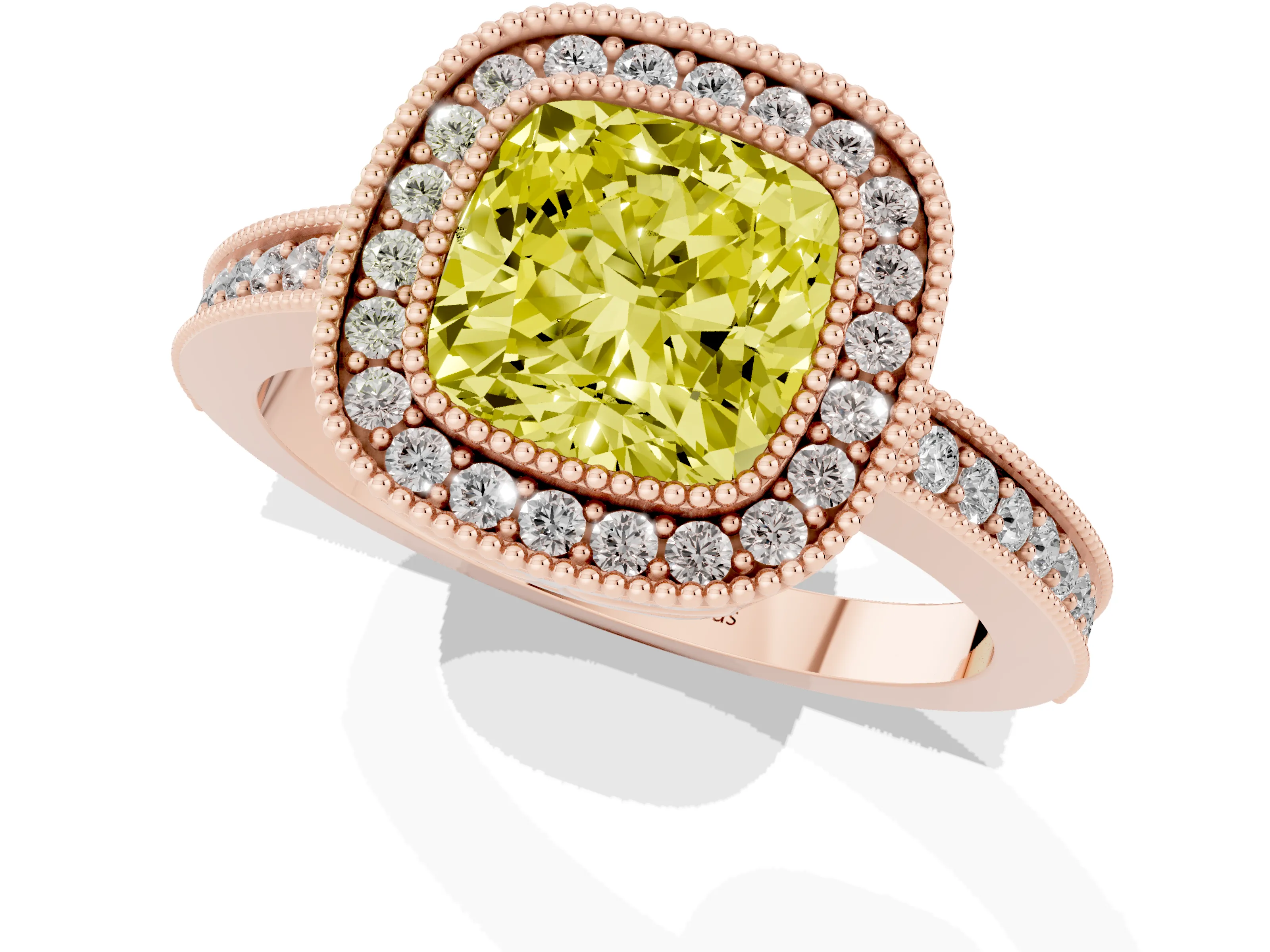 Fancy Yellow Cushion Cut Diamond Round Halo Ring Set in Rose gold with Pavé Band