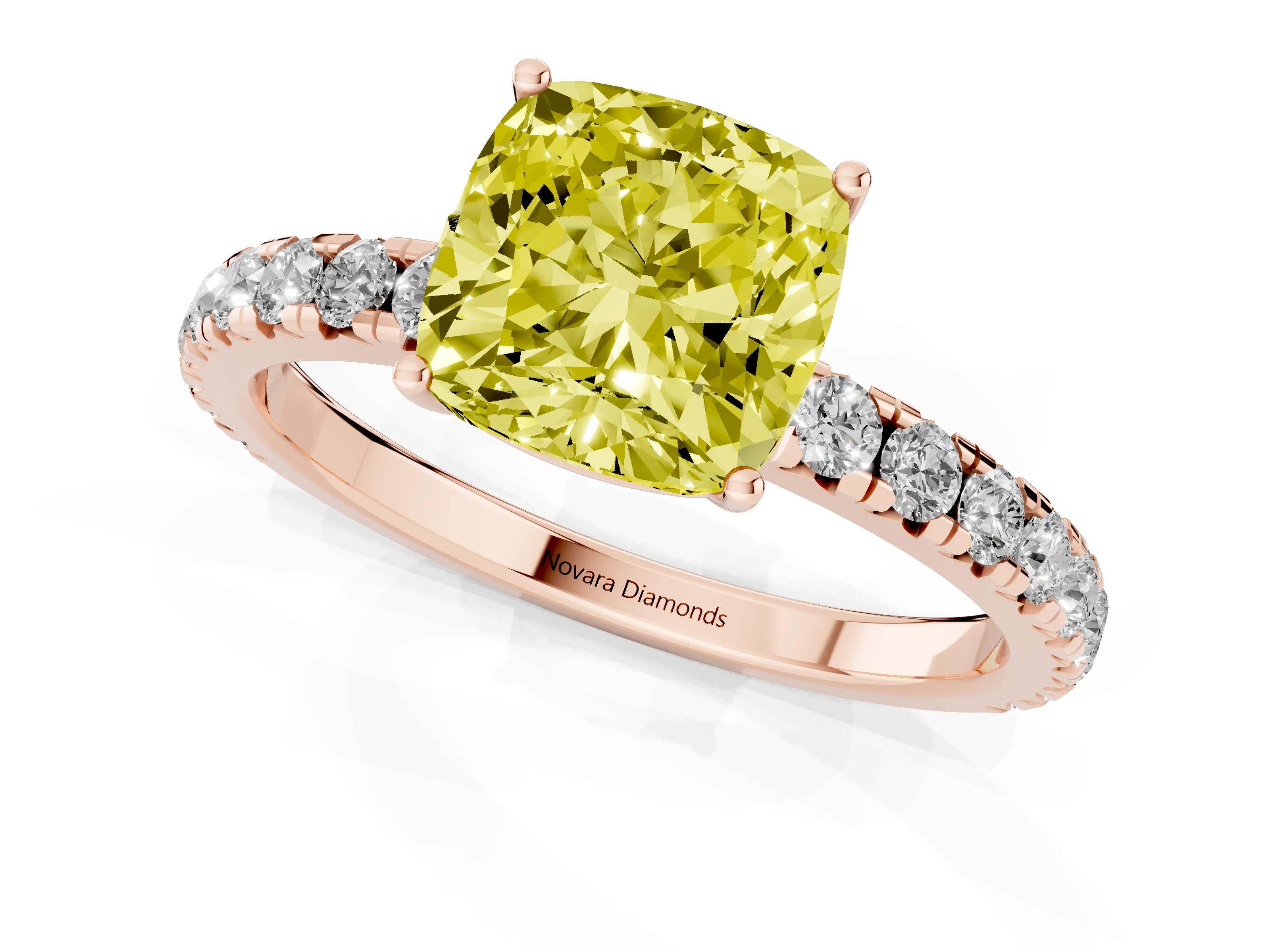 Fancy Yellow Cushion Cut Diamond Pavé Solitaire Engagement Ring Set in Rose gold with Prong Setting